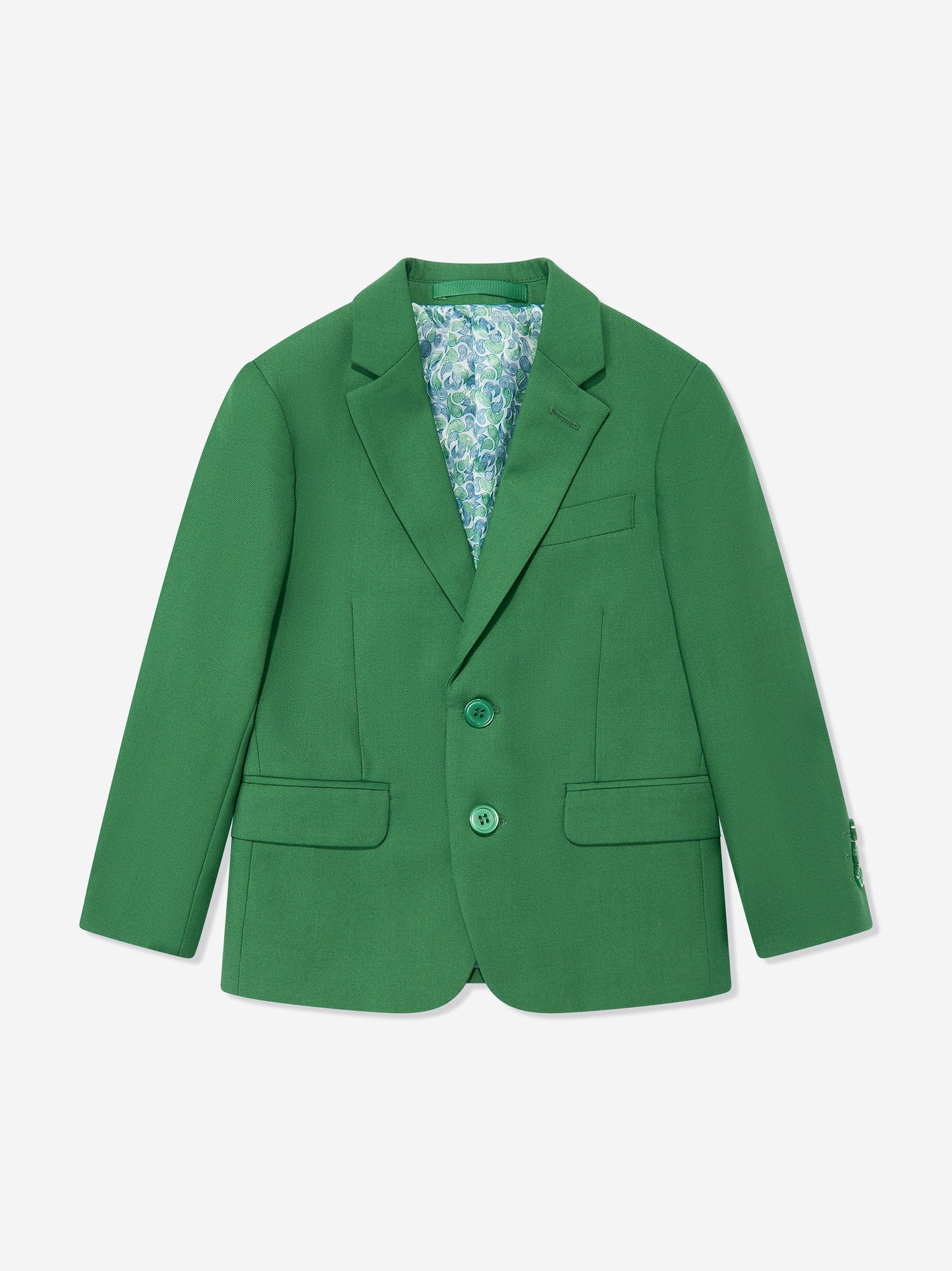 Green boys blazer with notched lapels, two front pockets, and matching button front