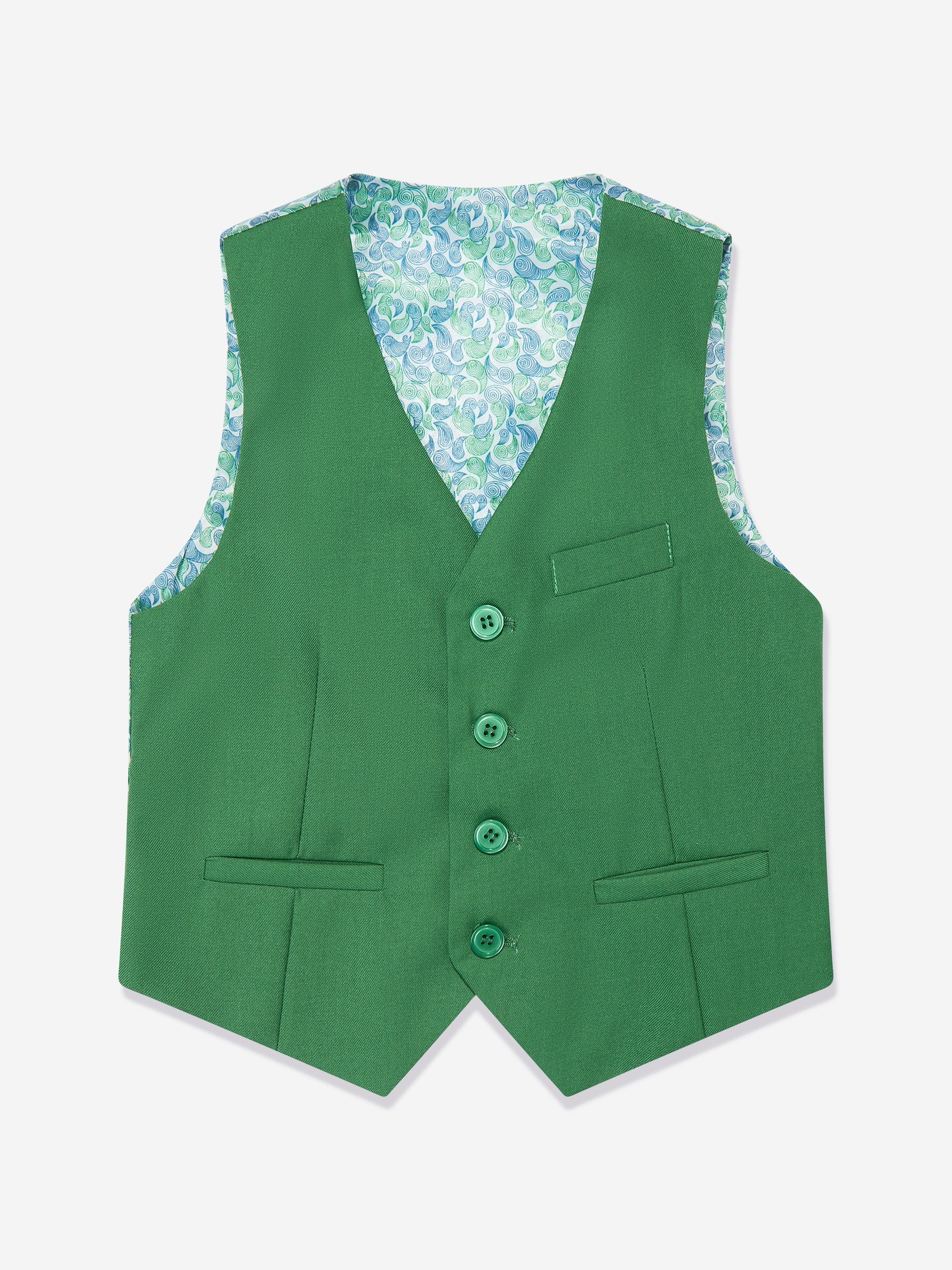 Green boys waistcoat with V-neck, button front, and coordinating patterned lining