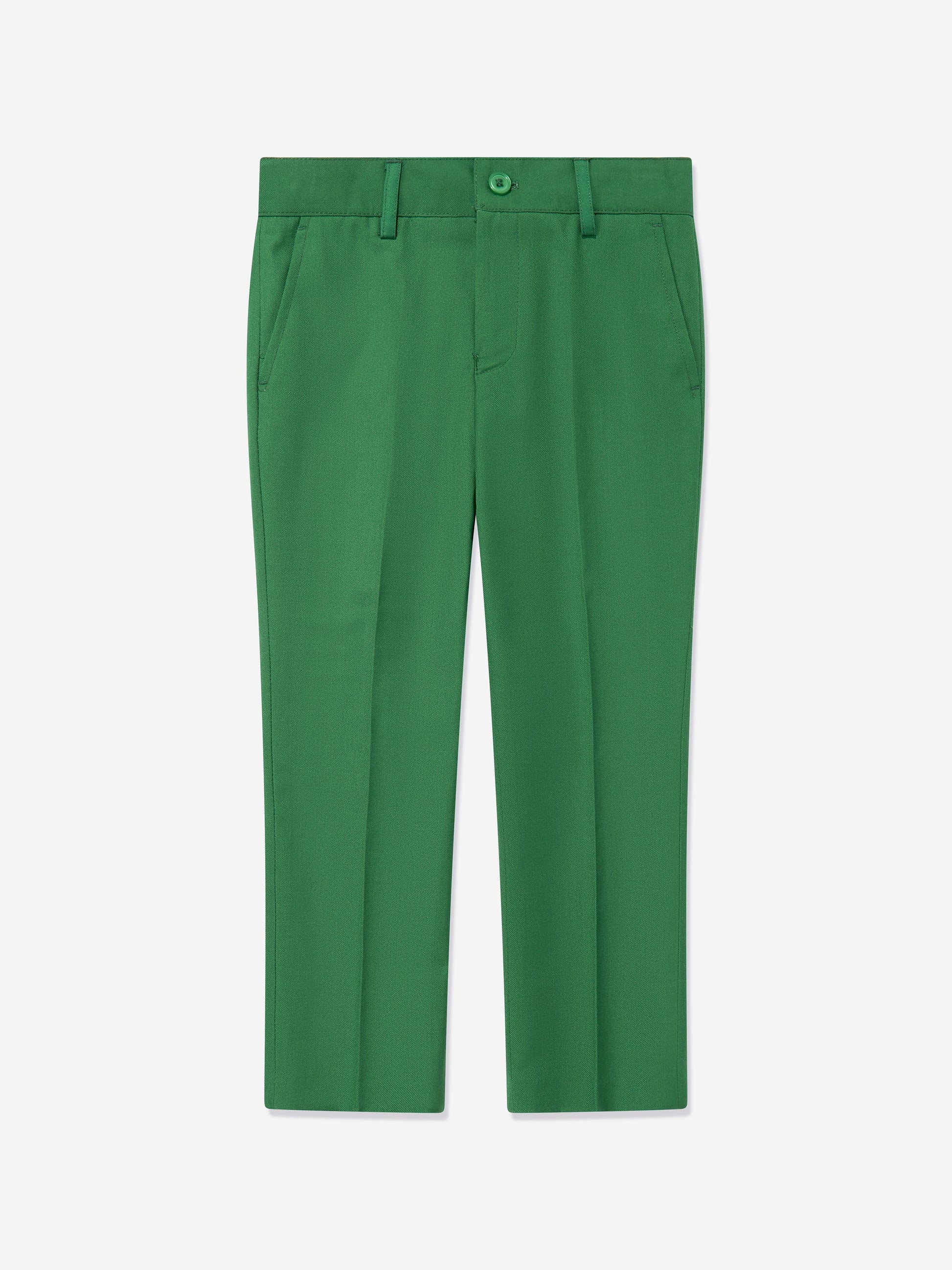 Green boys suit trousers with belt loops and front button closure