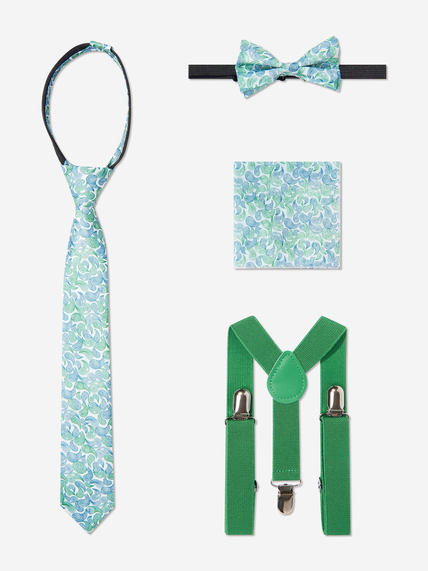Green accessories set: patterned necktie, bow tie, pocket square, and adjustable suspenders