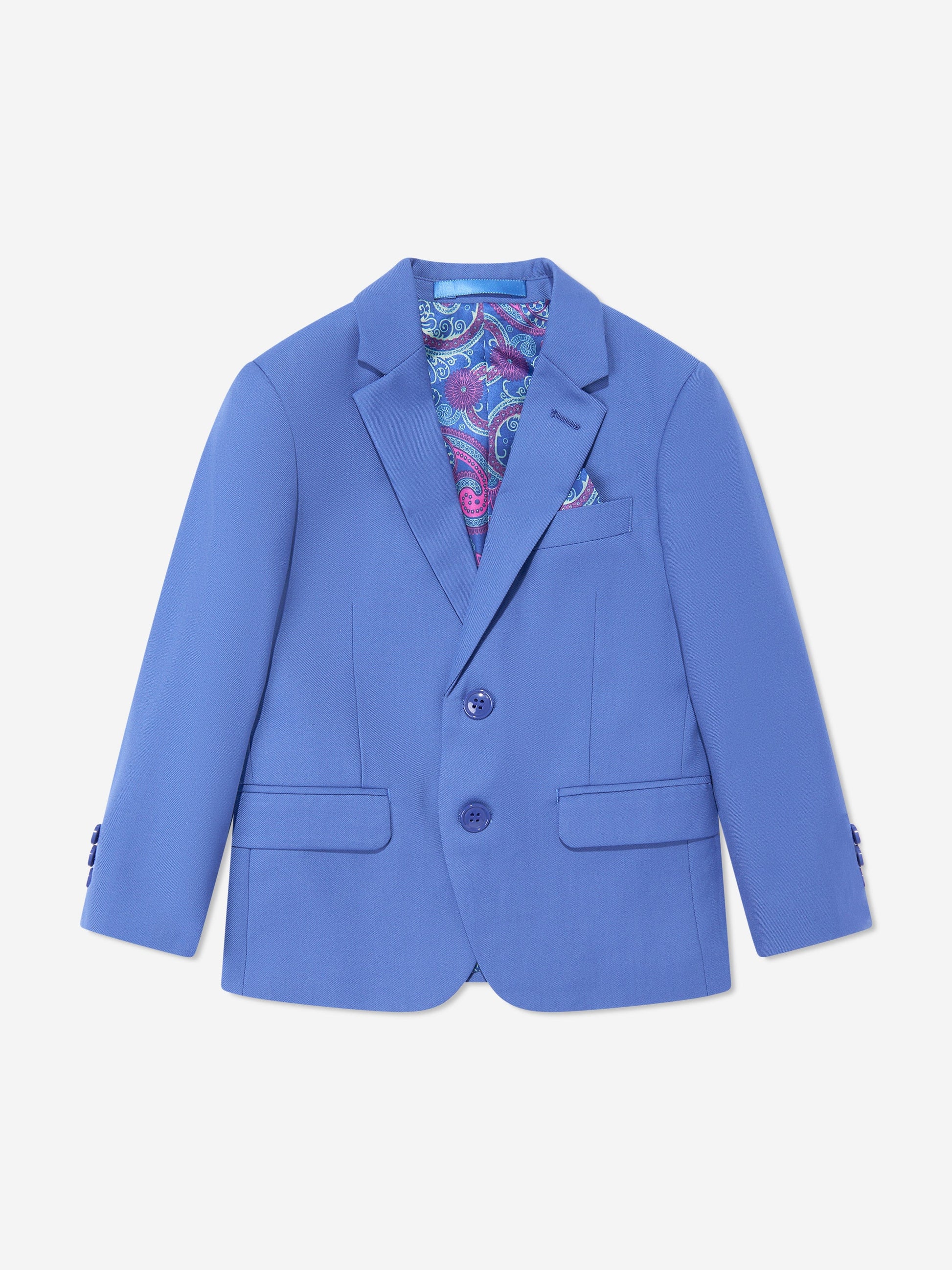 Blue boys suit jacket with paisley inner collar, chest pocket, and two-button front