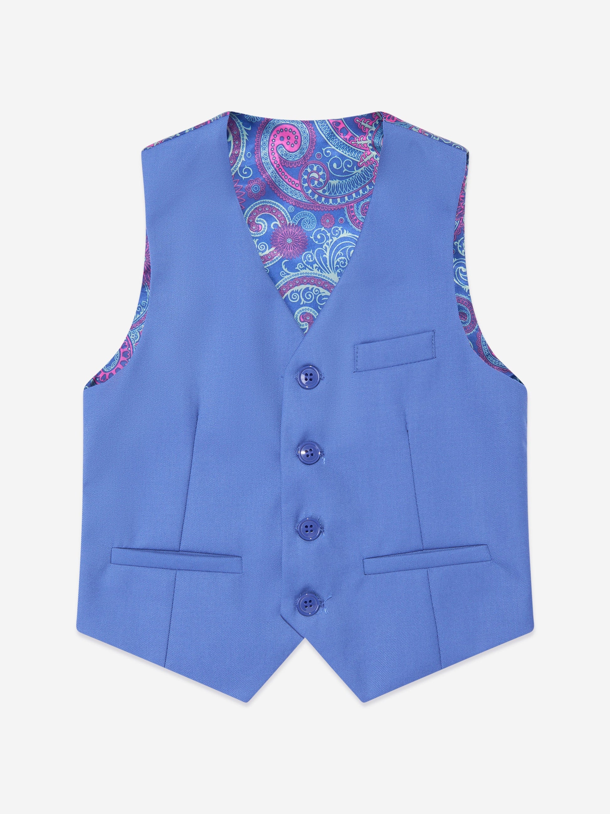 Blue boys waistcoat with paisley V-neck lining and five-button front