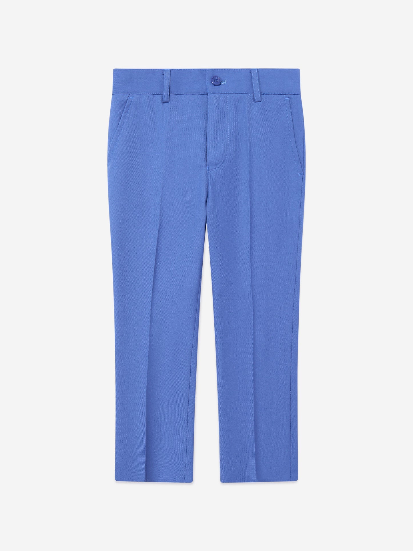 Blue boys suit trousers with belt loops, center crease, and front button