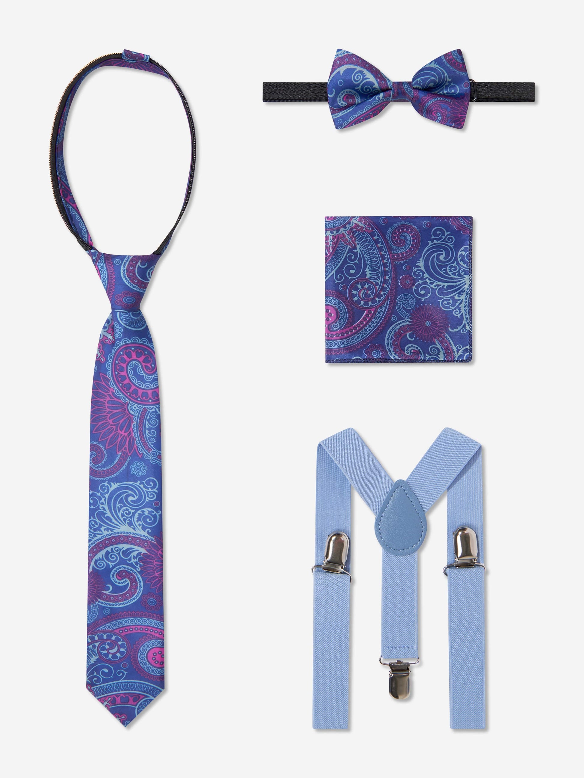 Paisley blue boys tie, matching bow tie, pocket square, and braces set