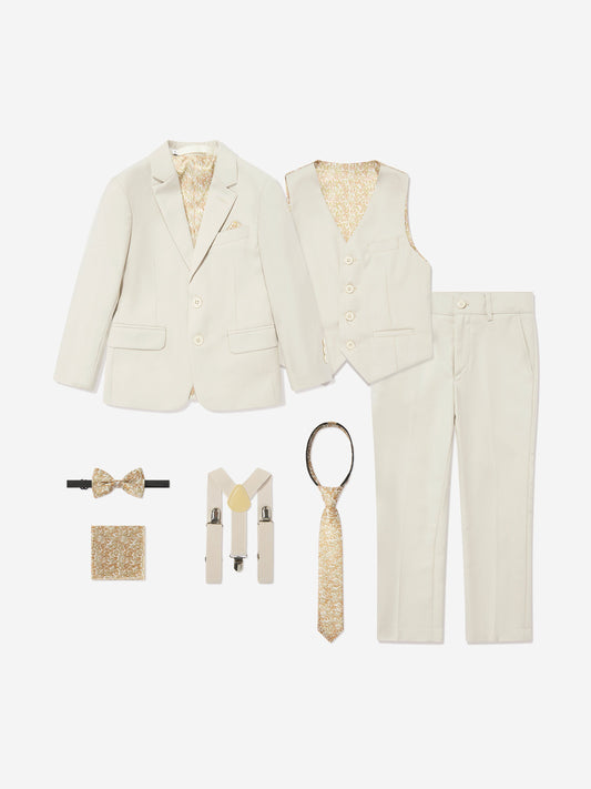 Beige boys blazer with gold-pattern lining and button front