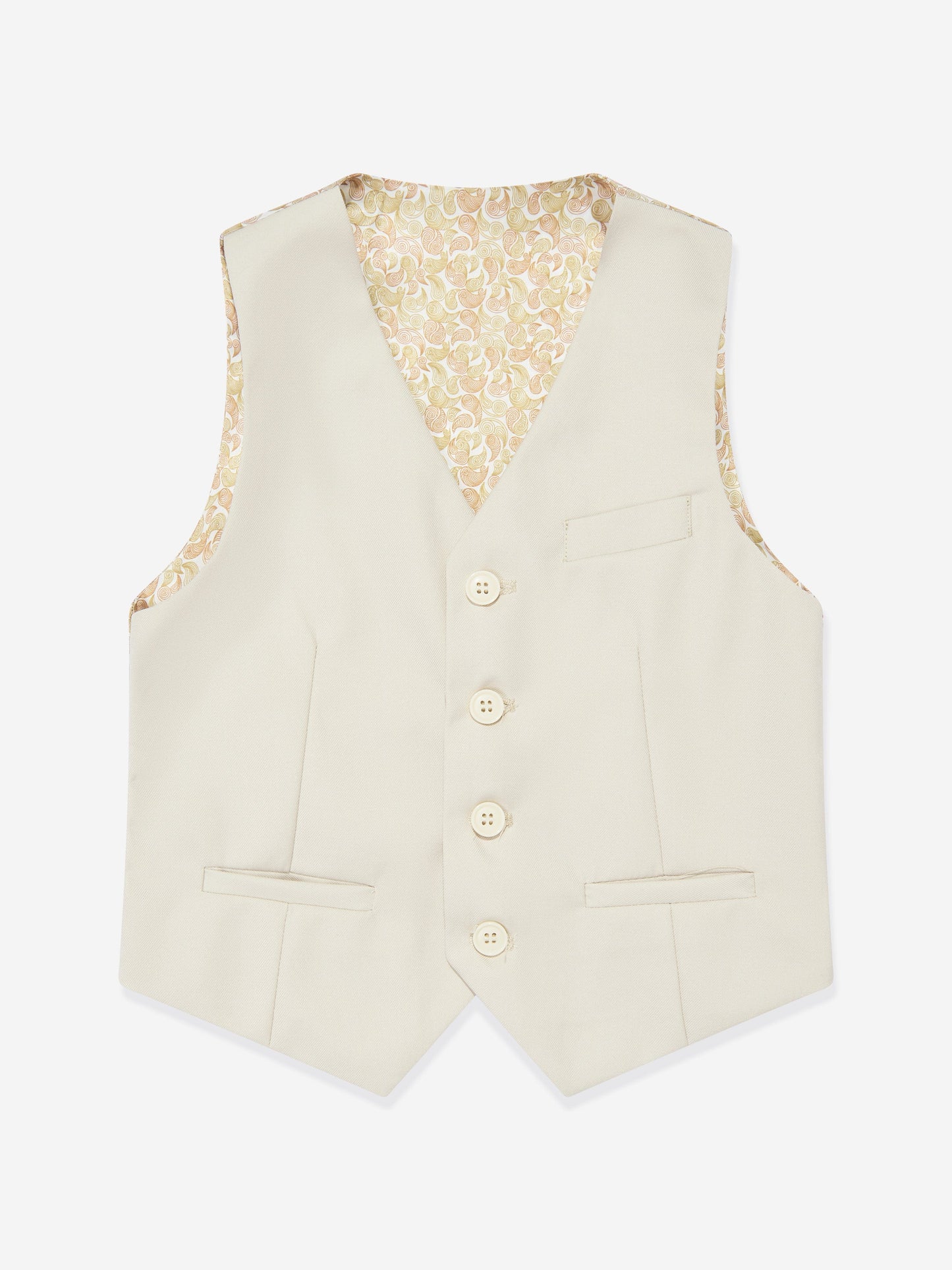 Beige boys waistcoat with gold patterned back panel and four-button front