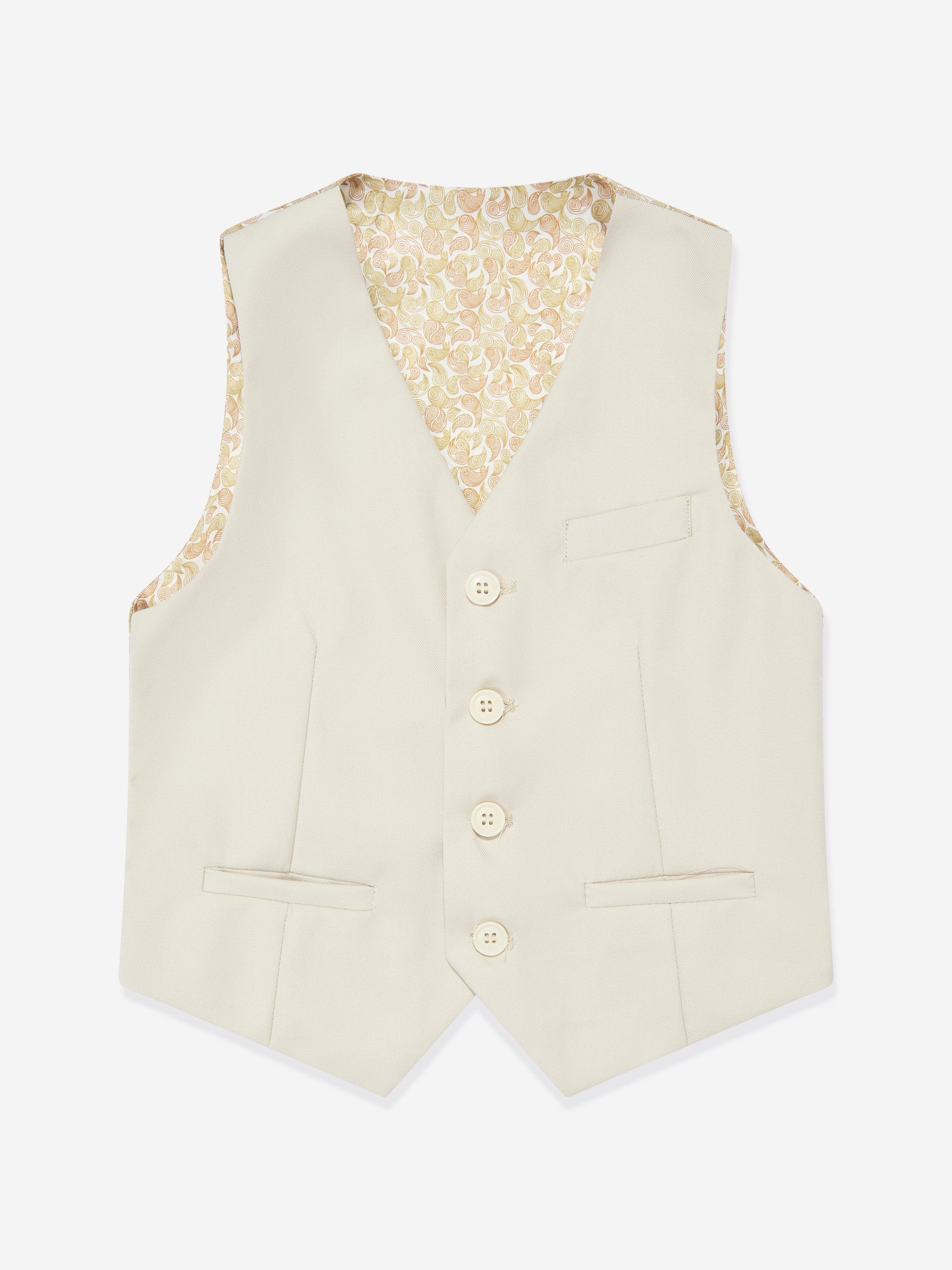 Beige boys waistcoat with gold patterned back panel and four-button front