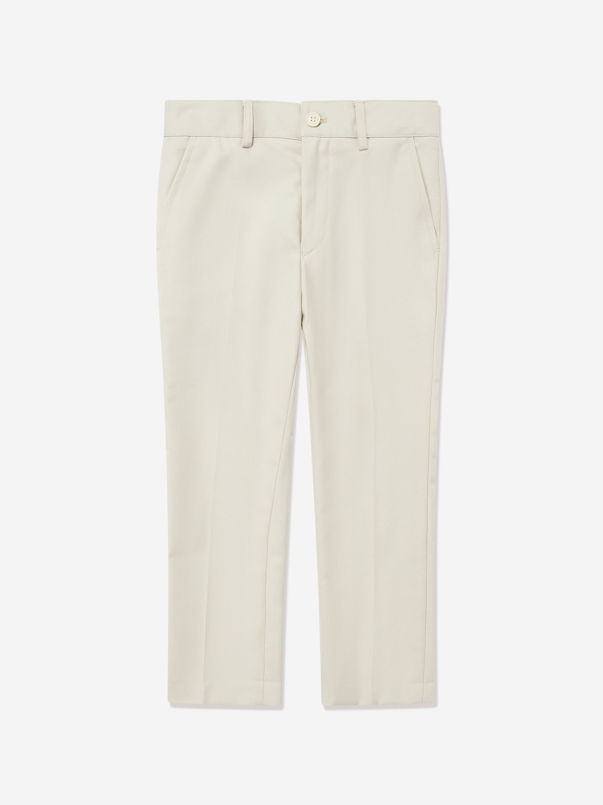 Beige boys trousers with belt loops and front crease