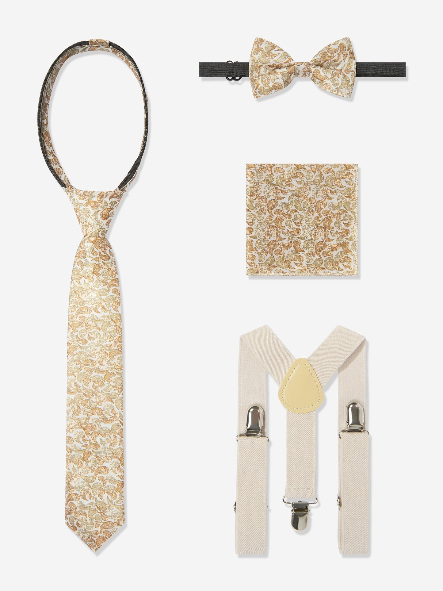 Beige bow tie, necktie, pocket square and matching suspenders set
