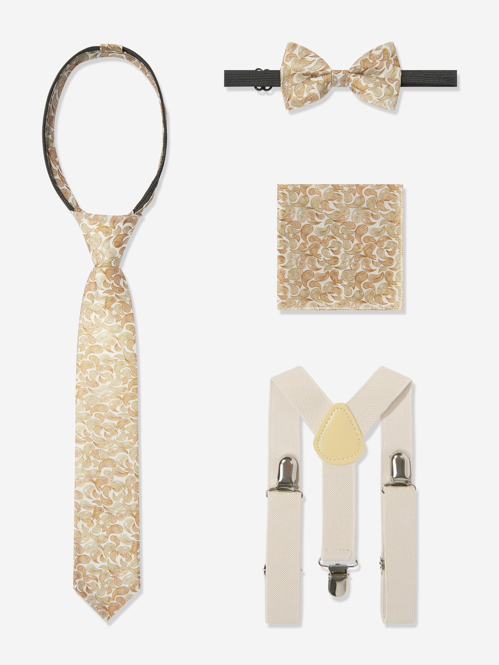 Beige bow tie, necktie, pocket square and matching suspenders set