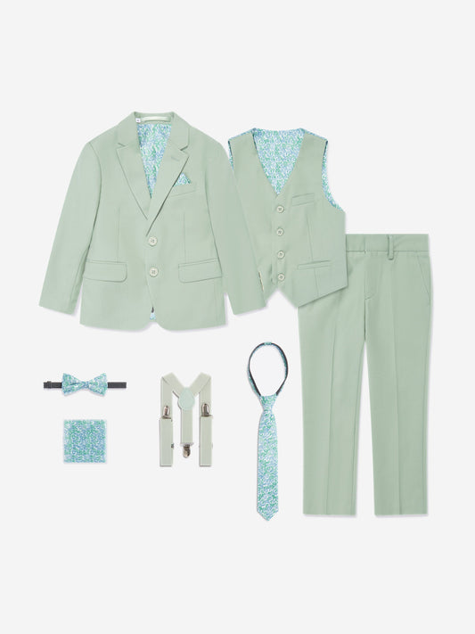 Green boys 7-piece suit set: jacket, waistcoat, trousers, tie, bow tie, shirt studs, pocket square