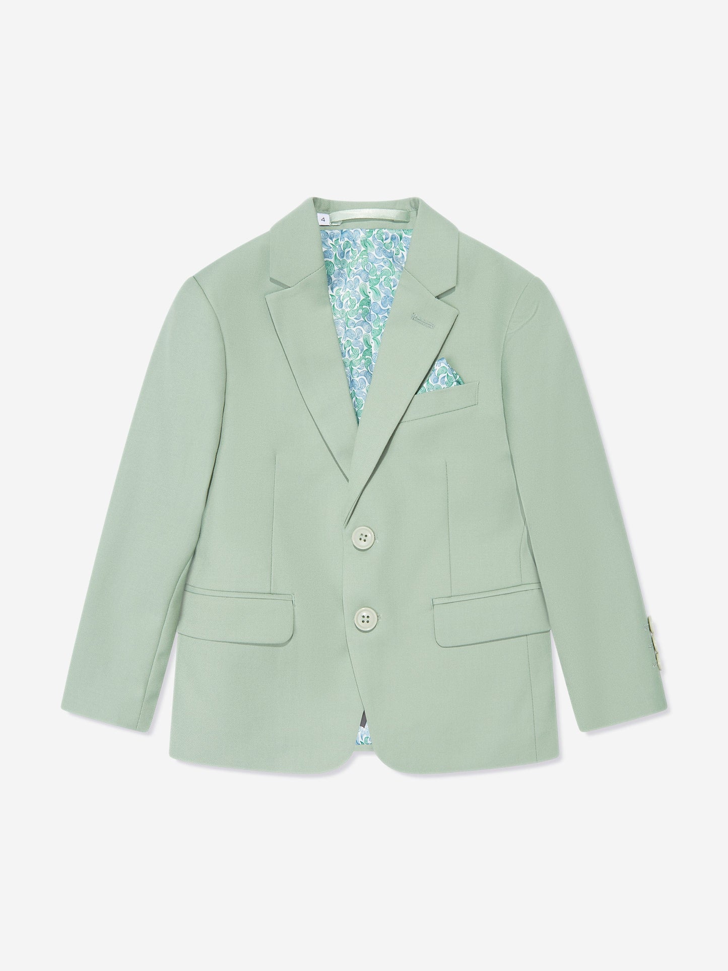 Green boys suit jacket with light patterned lining, notch lapels, front button detail