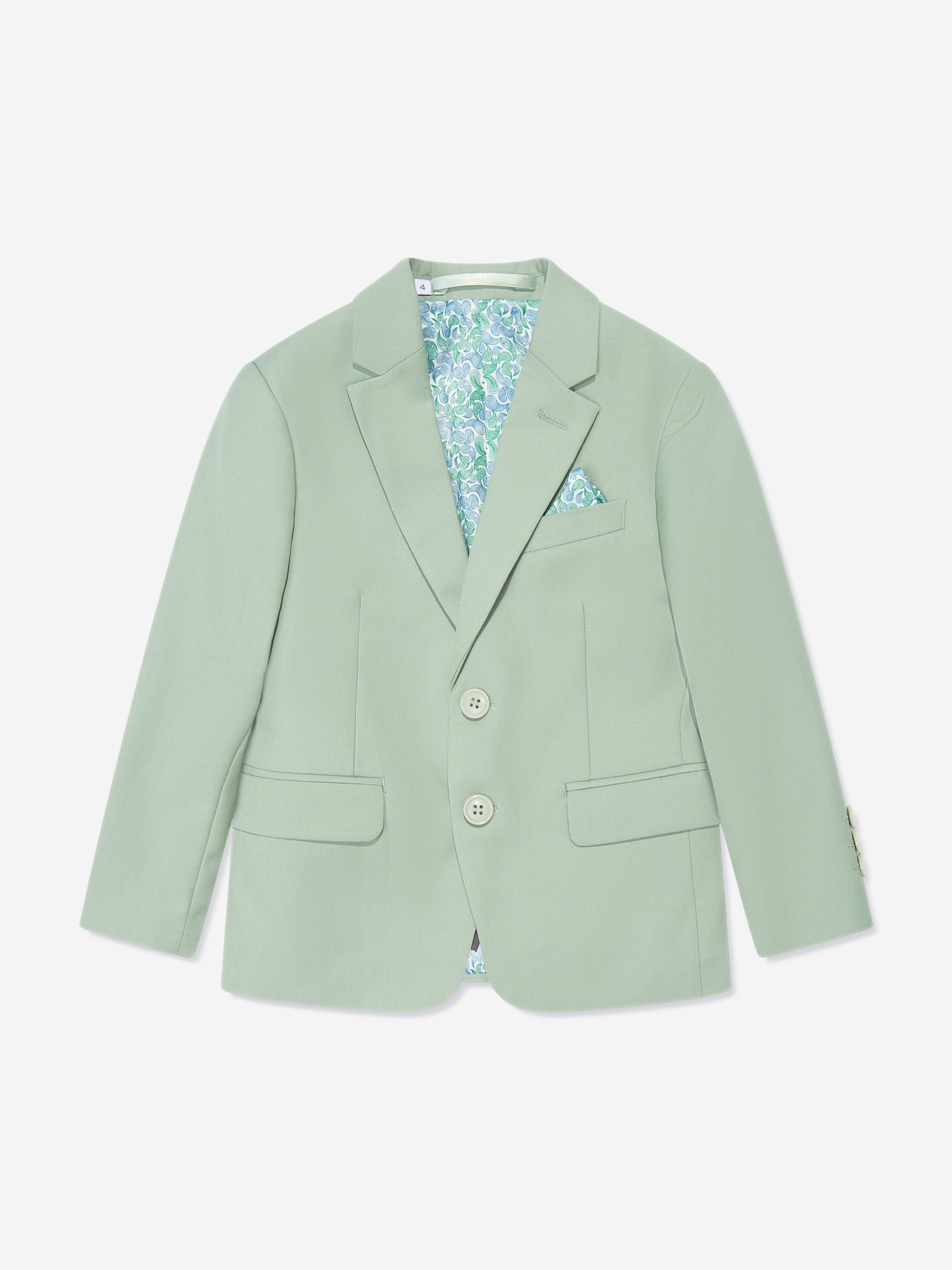 Green boys suit jacket with light patterned lining, notch lapels, front button detail