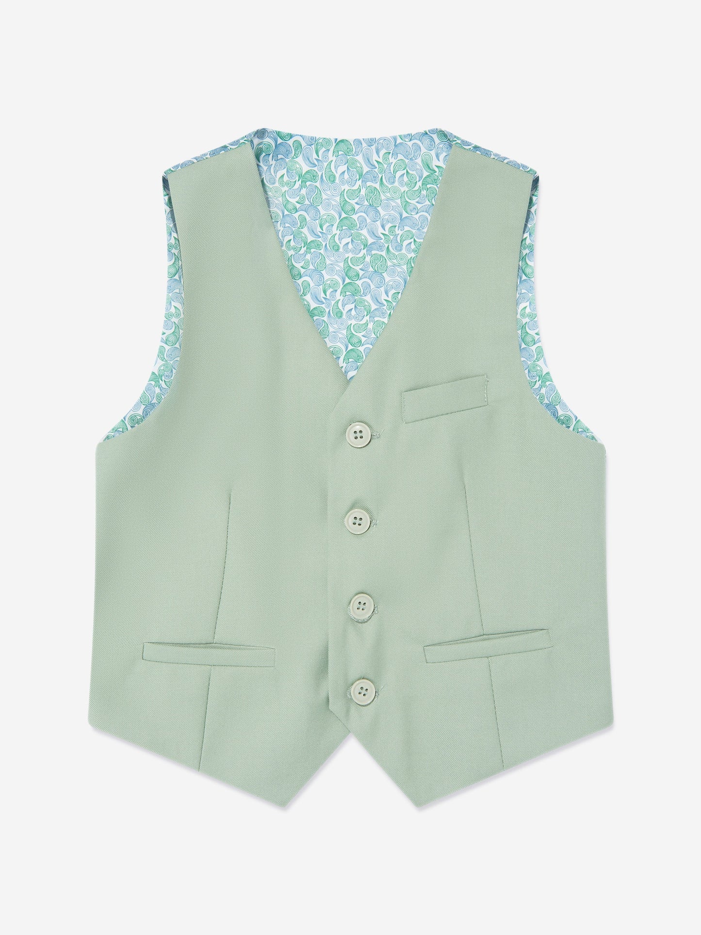 Green boys waistcoat with matching button front and light patterned inner V yoke