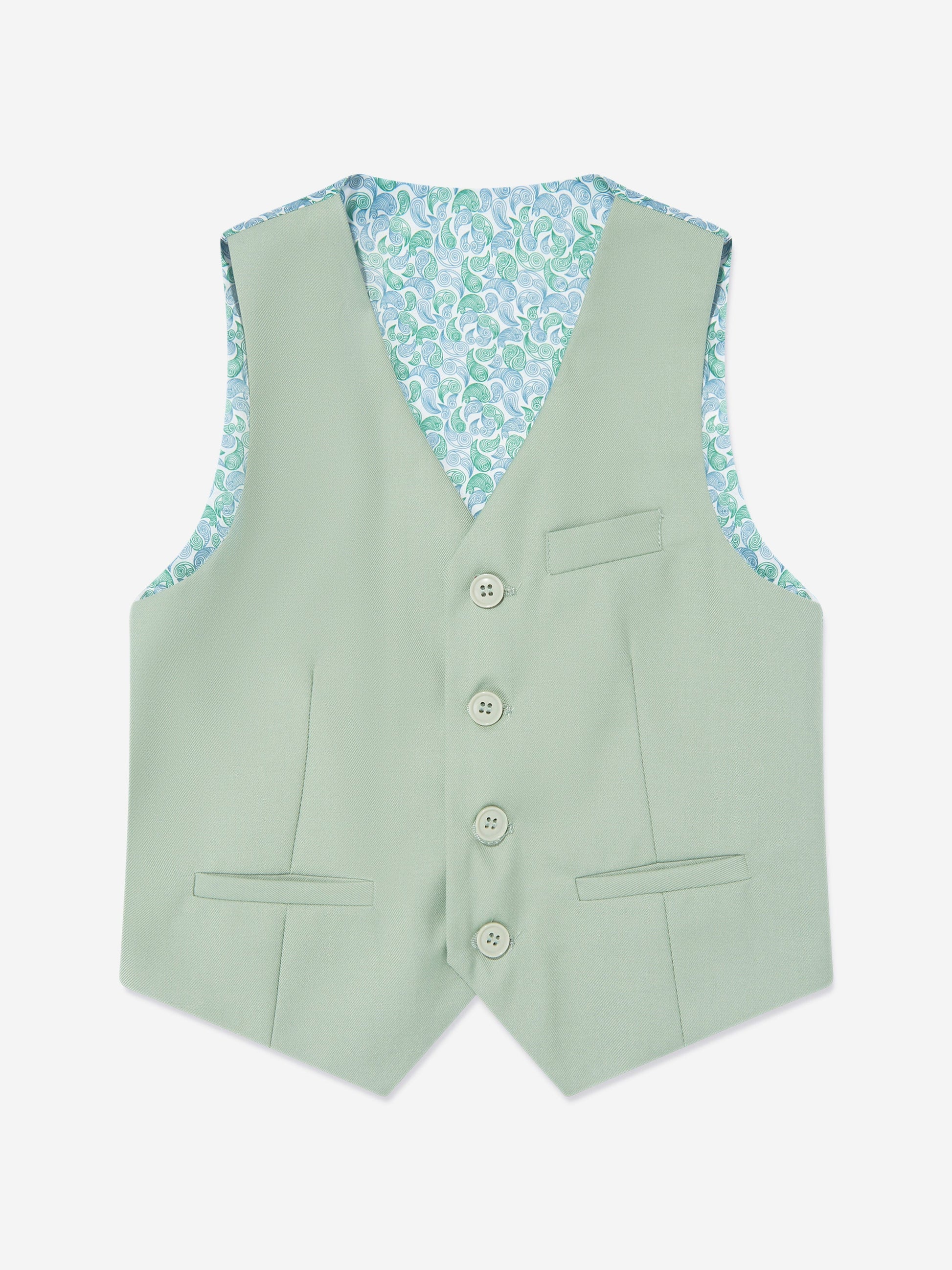 Green boys waistcoat with matching button front and light patterned inner V yoke