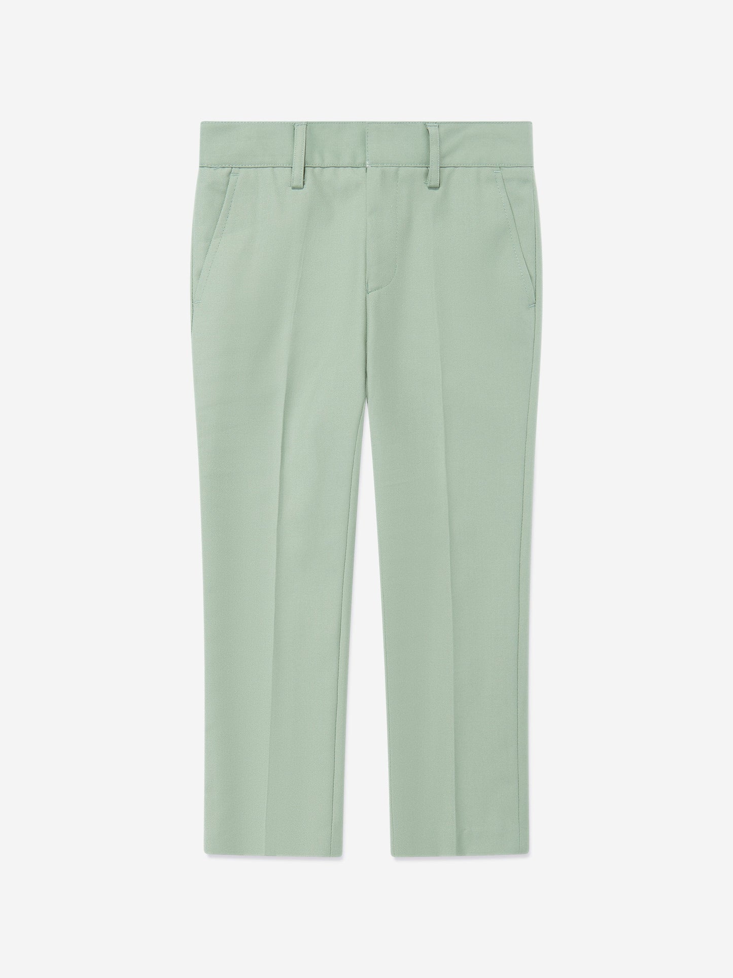 Green boys suit trousers with belt loops and straight leg cuffs