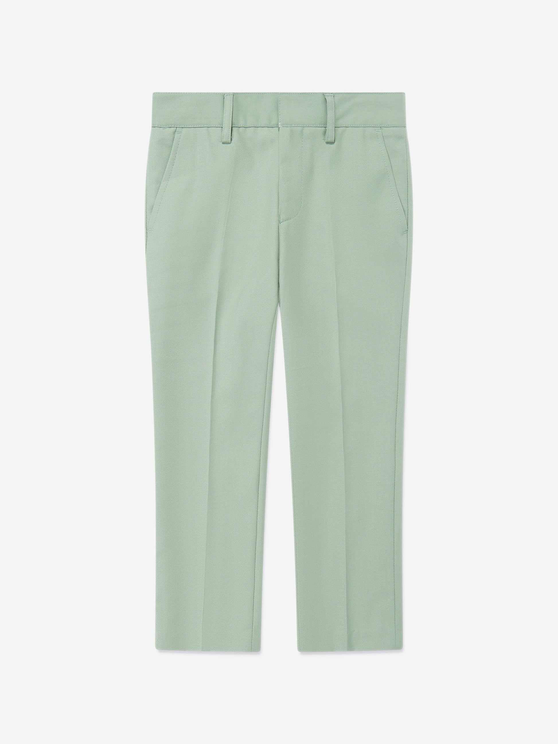 Green boys suit trousers with belt loops and straight leg cuffs