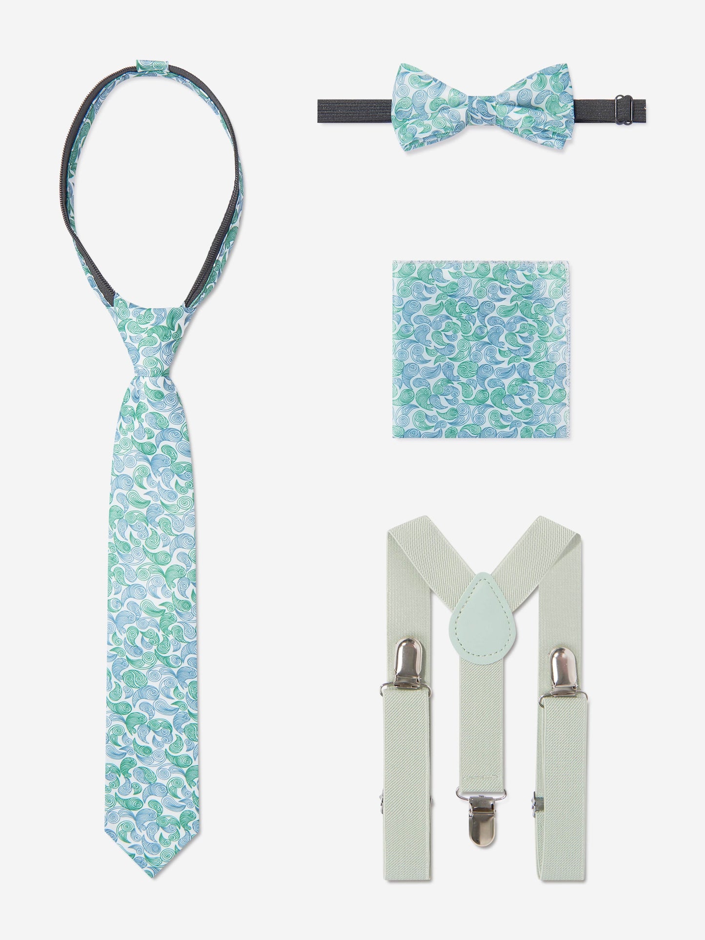 Green boys suit accessories: tie, bow tie, pocket square, and matching shirt studs