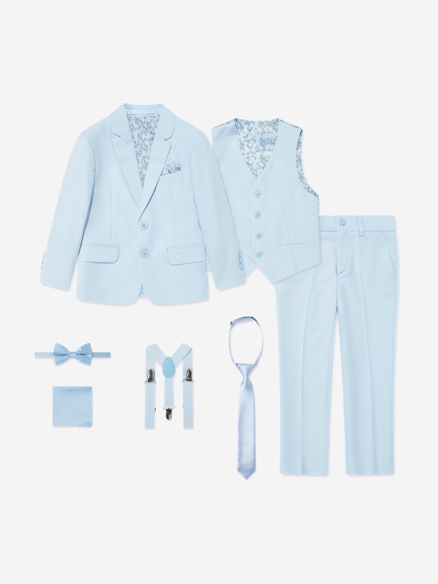 Light blue 7-piece boys suit set with blazer, waistcoat, trousers, bow tie, tie, braces
