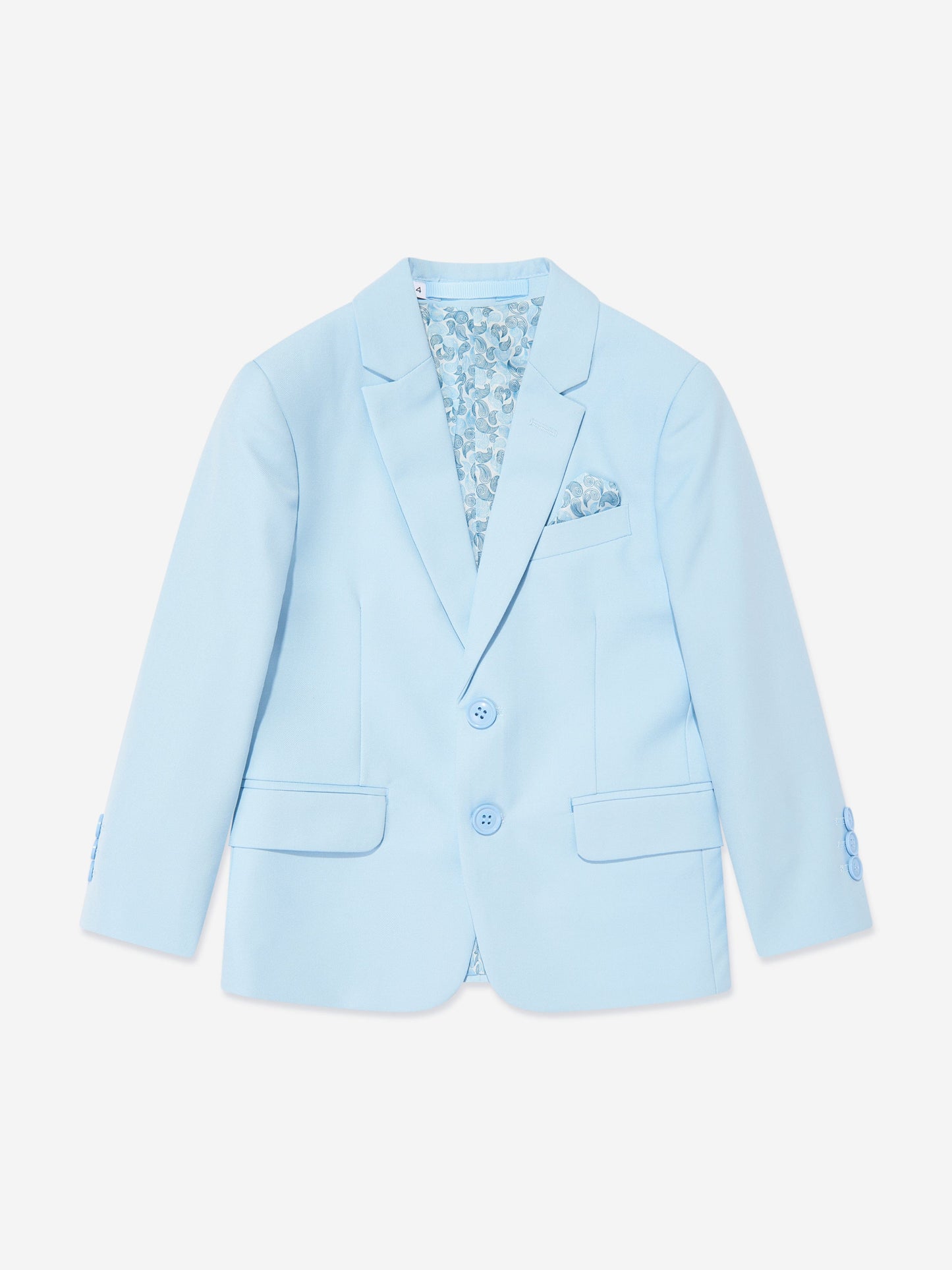 Light blue boys blazer with notch lapels, button front, and patterned inner waistcoat