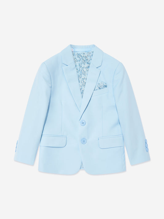 Light blue boys blazer with notch lapels, button front, and patterned inner waistcoat