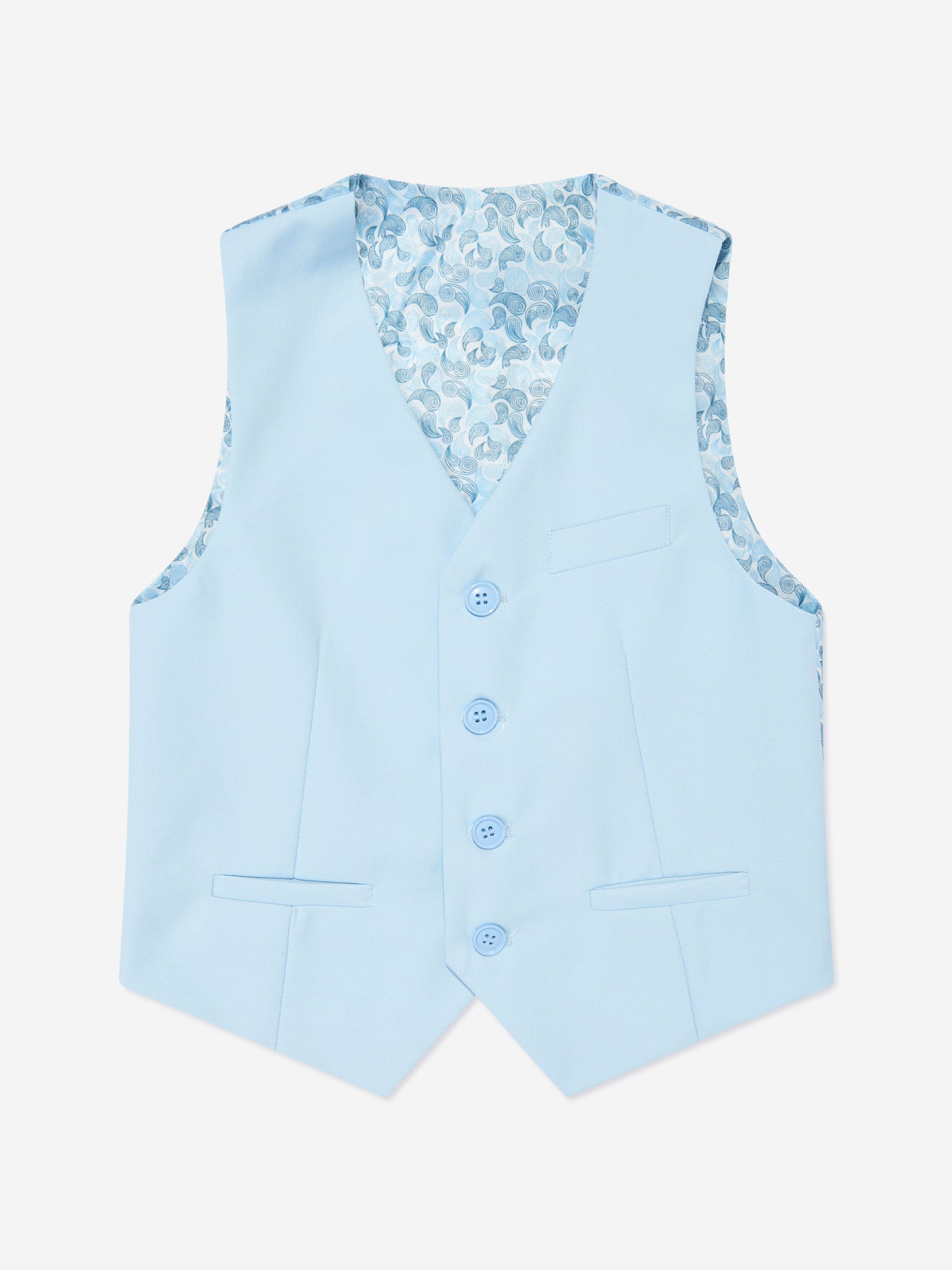 Light blue boys waistcoat with patterned v-neck panel and four-button front