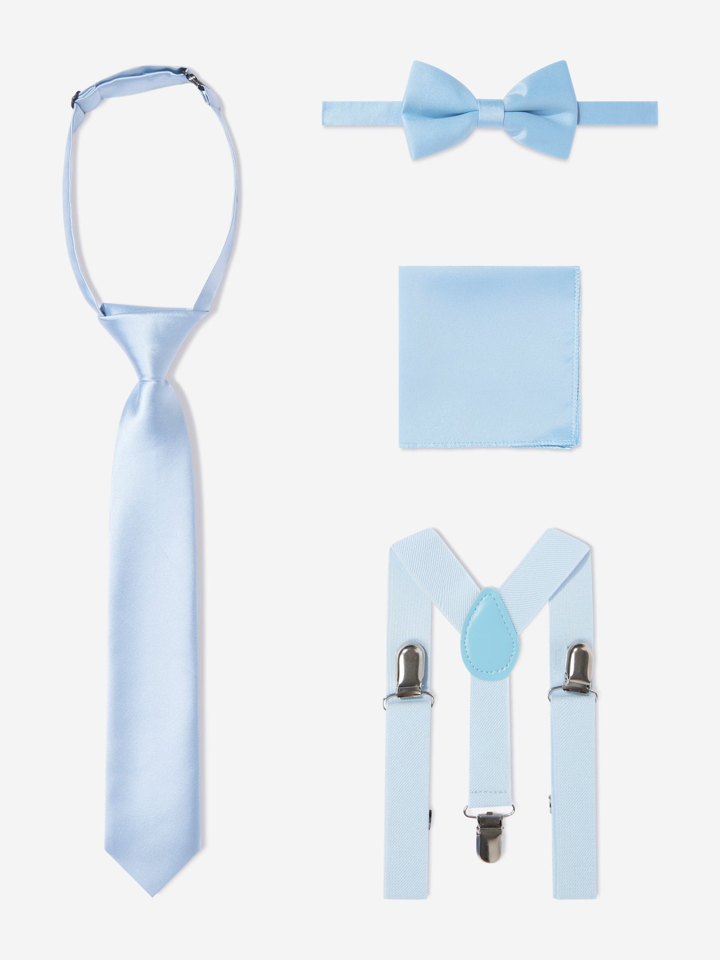 Light blue accessories: bow tie, pocket square, necktie, and adjustable braces