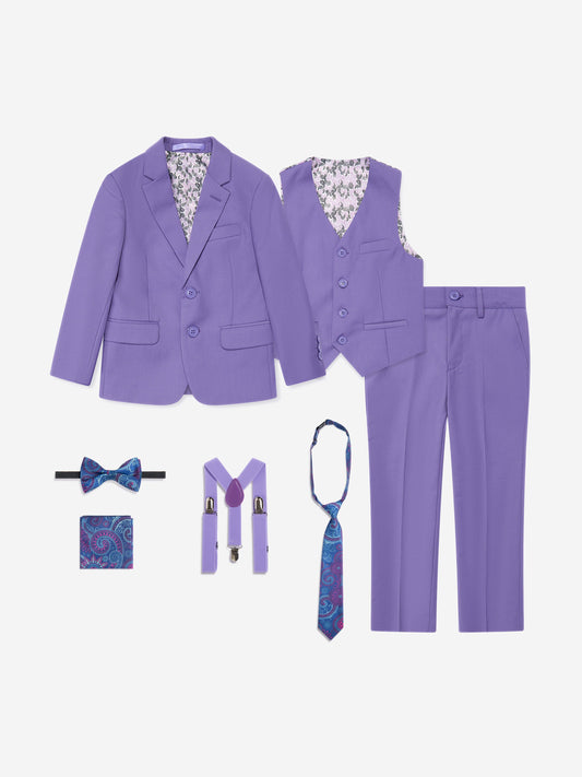 Purple boys 7-piece suit set with jacket, waistcoat, trousers, bow tie, braces