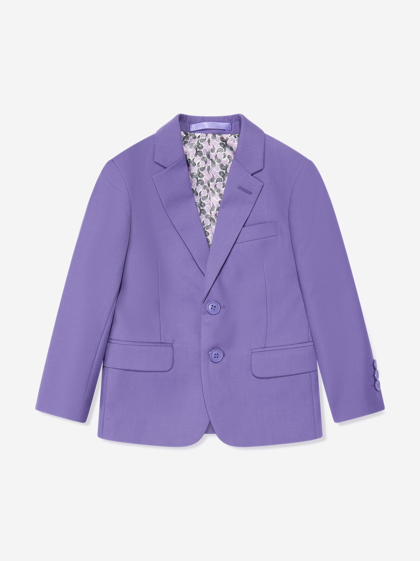 Purple boys blazer with patterned inner waistcoat panel and buttoned front