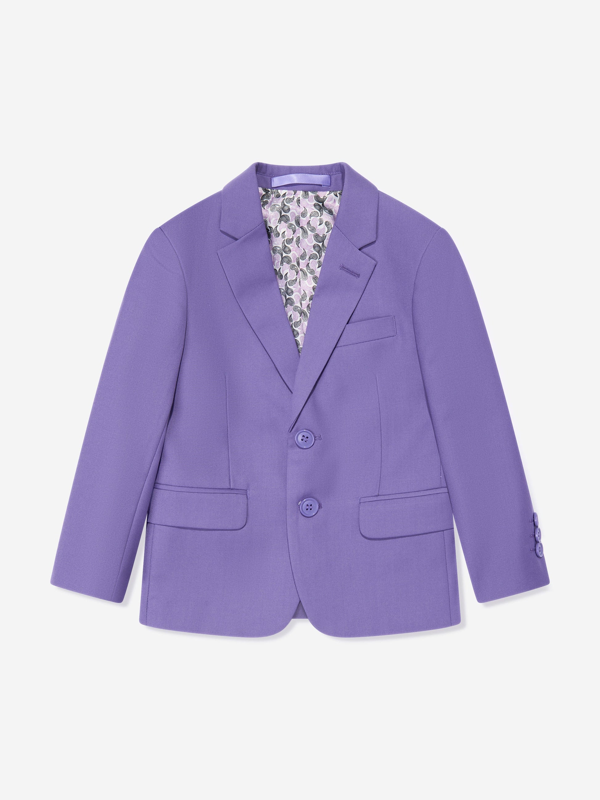 Purple boys blazer with patterned inner waistcoat panel and buttoned front