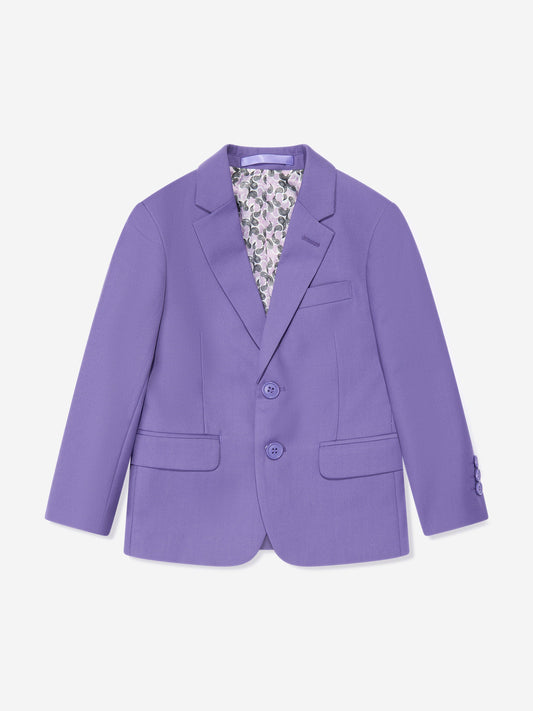 Purple boys blazer with patterned inner waistcoat panel and buttoned front