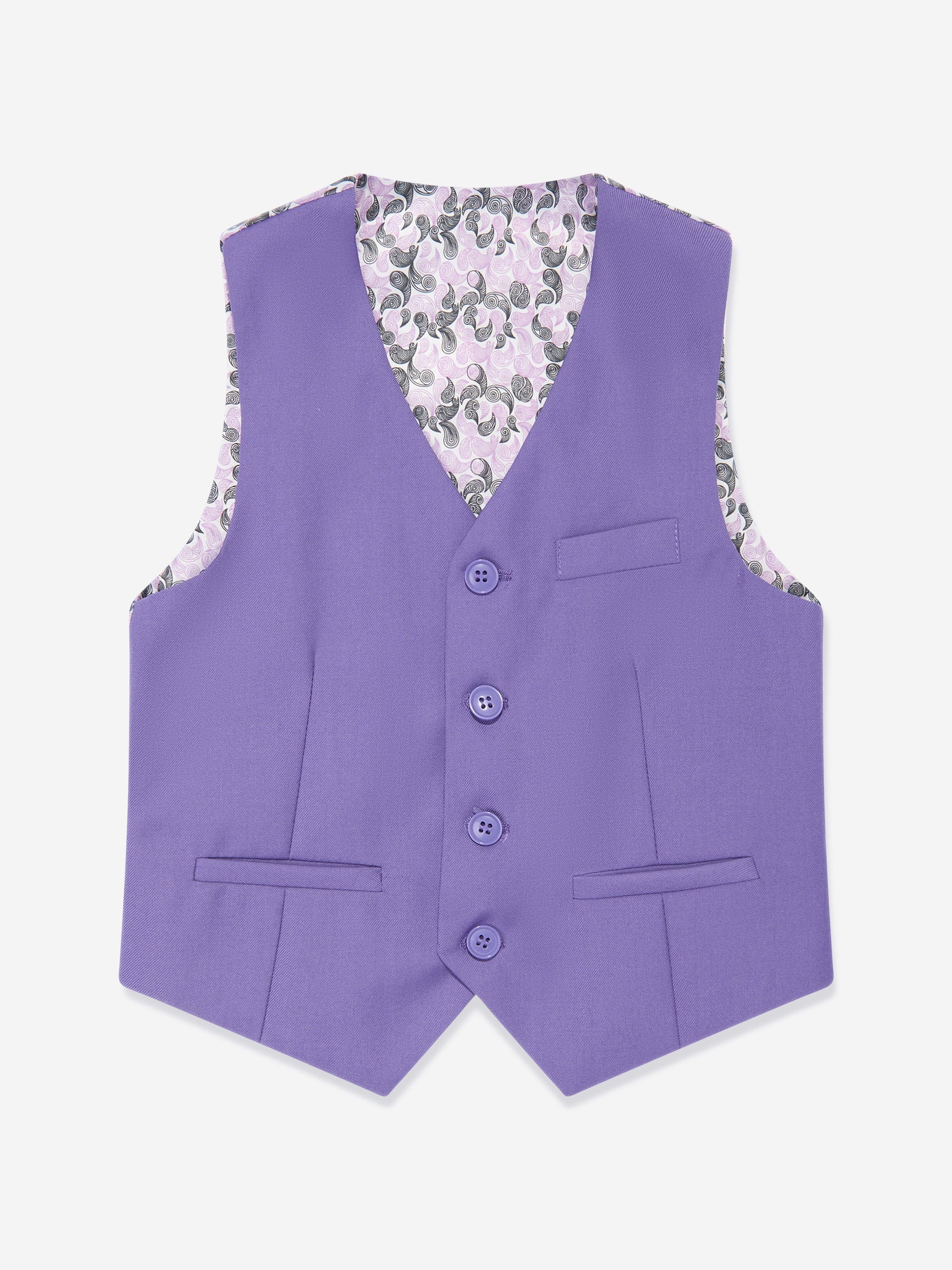 Purple boys waistcoat vest with patterned lining and four-button front