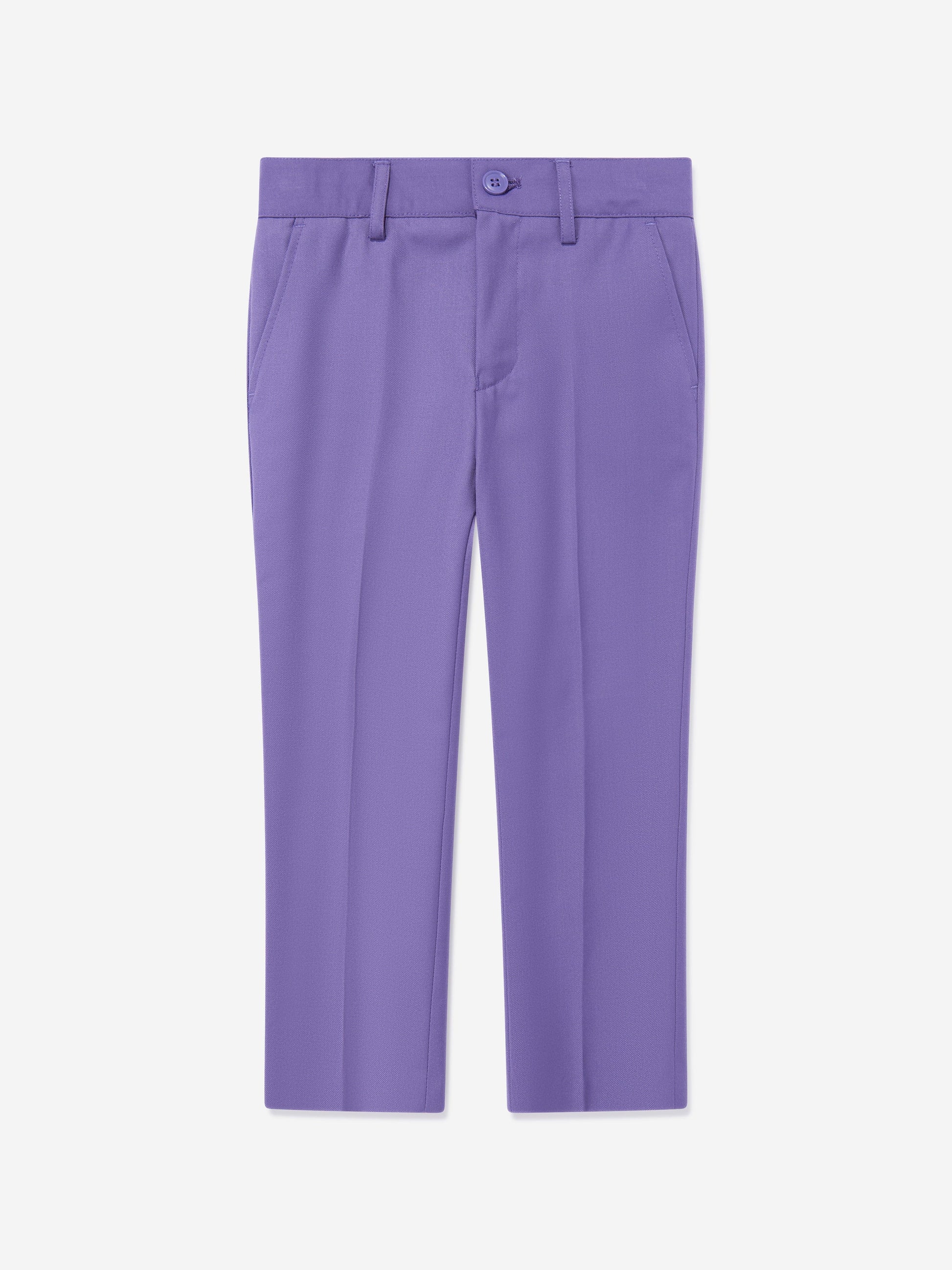 Purple boys suit trousers with belt loops and front button fastening