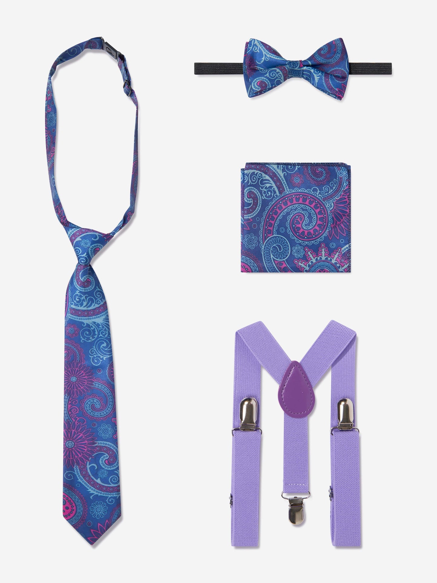 Paisley blue bow tie, pocket square, and purple button braces with clips