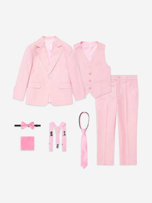 Pink boys 7-piece suit set: blazer, waistcoat, trousers, tie, bow tie, pocket square