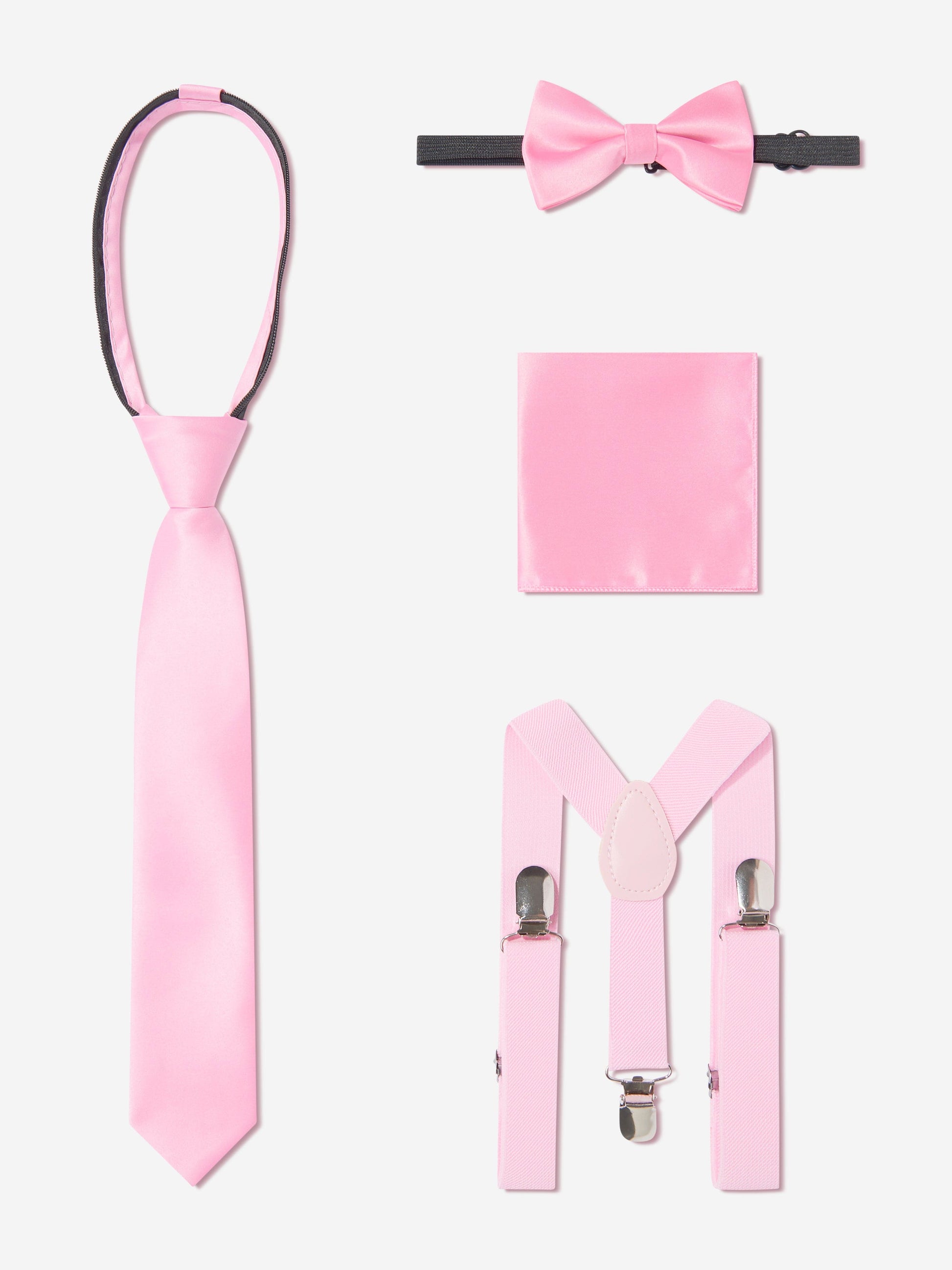 Pink tie, bow tie, pocket square and adjustable suspenders accessories set