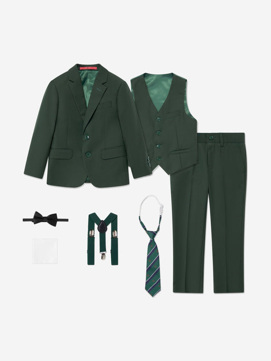 Green 7-piece boys suit set: blazer, waistcoat, trousers, striped tie, bow tie