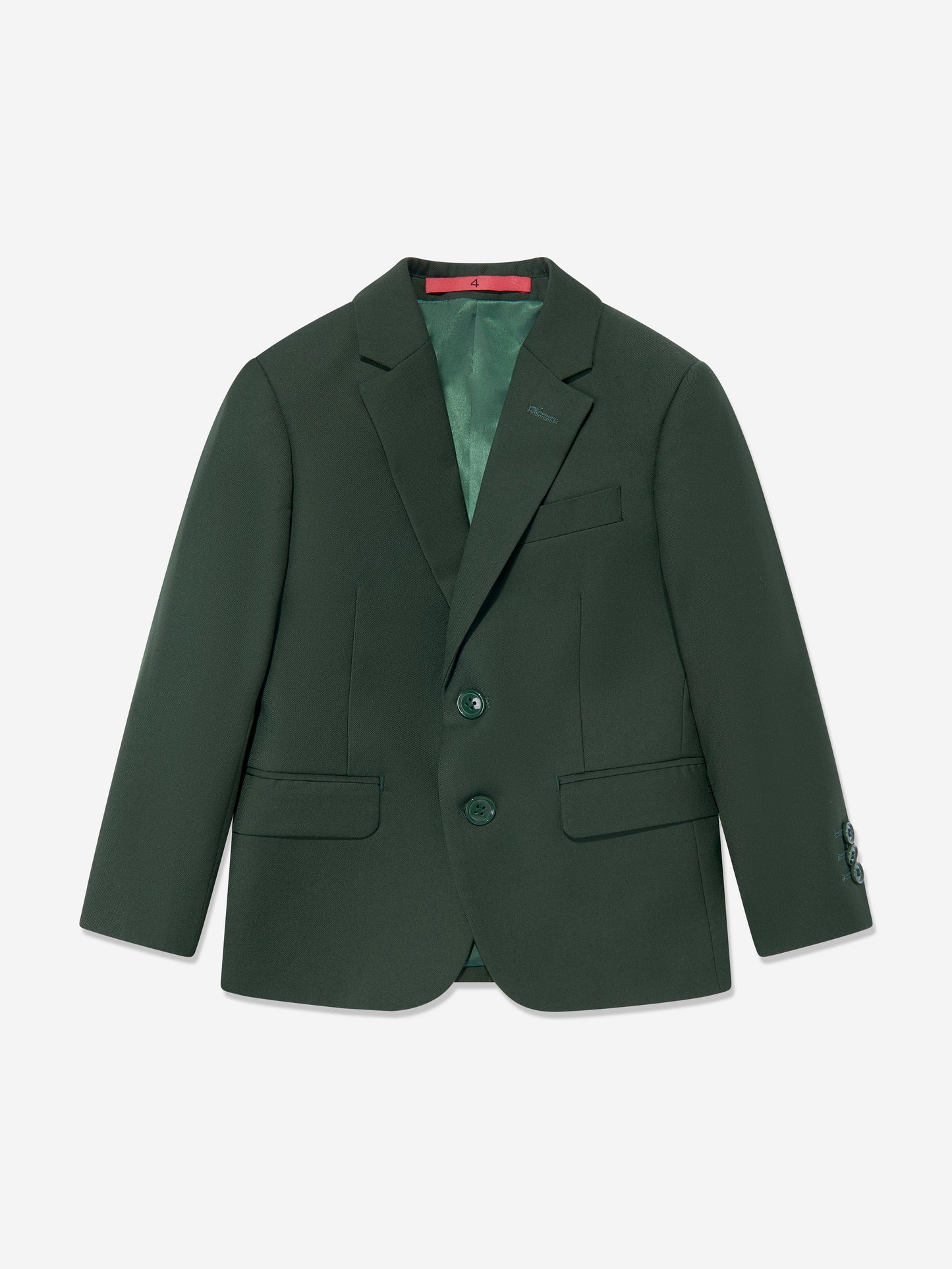 Green boys blazer with notch lapels, four-button front and chest pocket