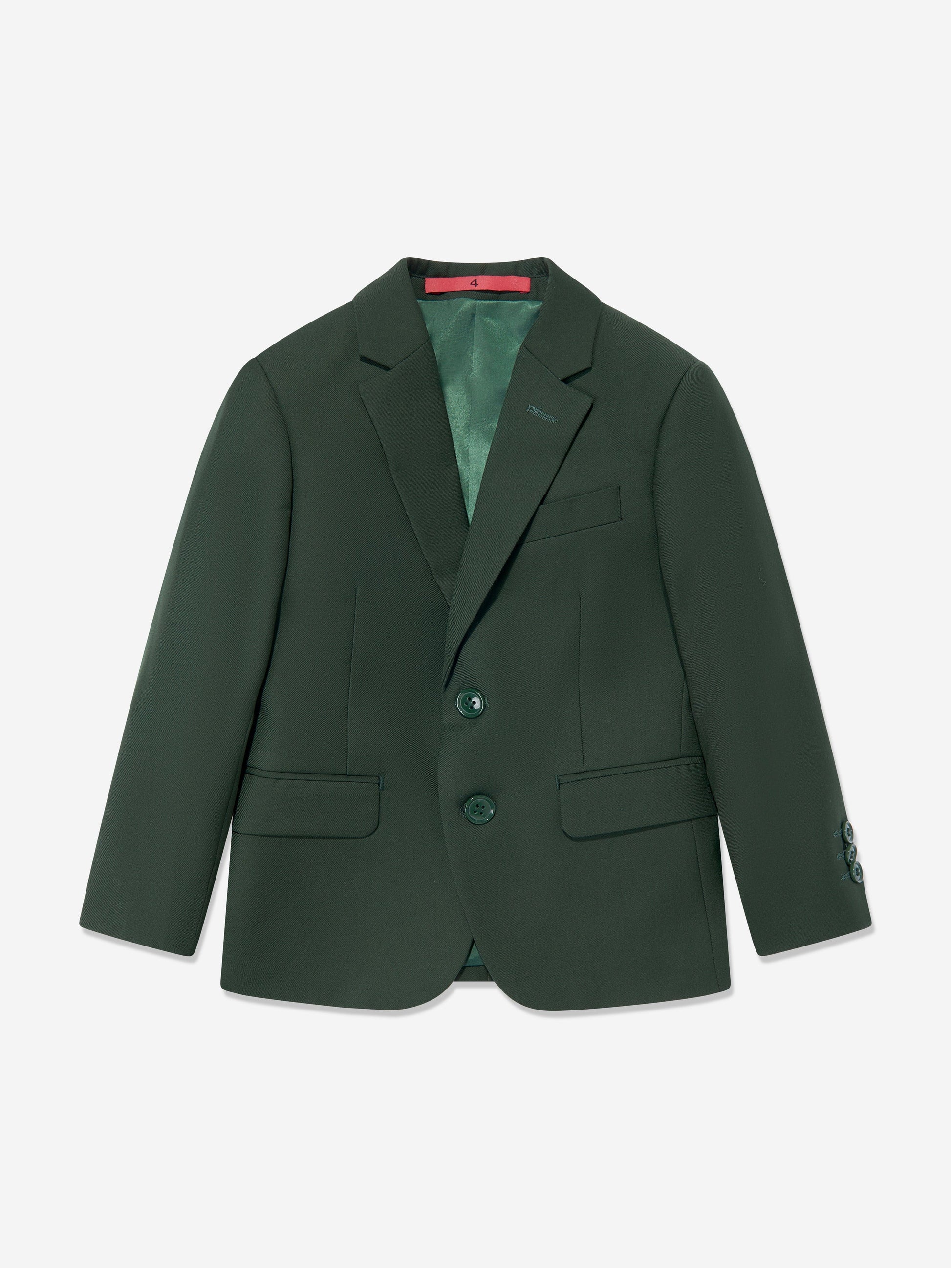 Green boys blazer with notch lapels, four-button front and chest pocket