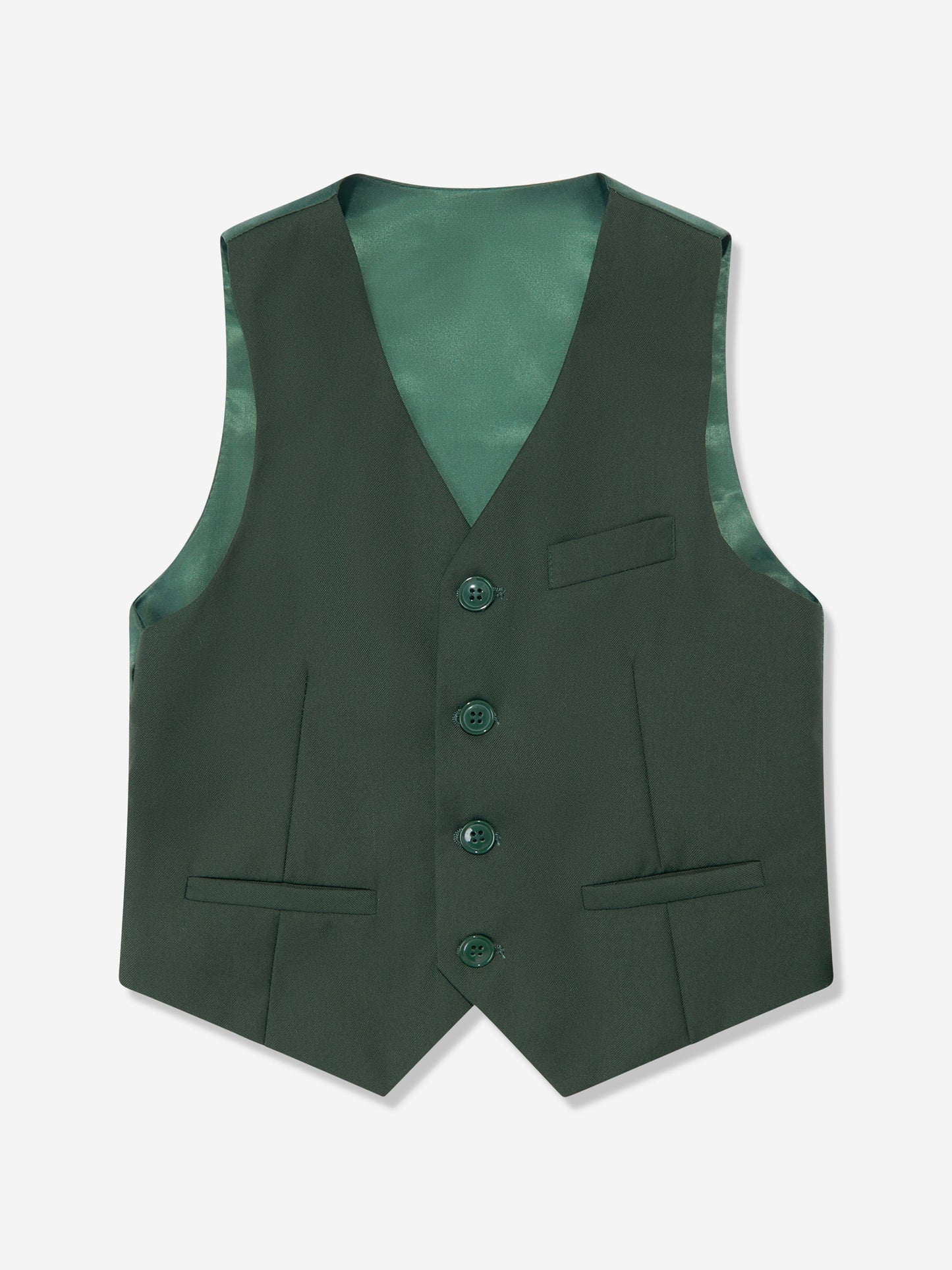 Green boys waistcoat vest with three-button front and matching pocket flaps