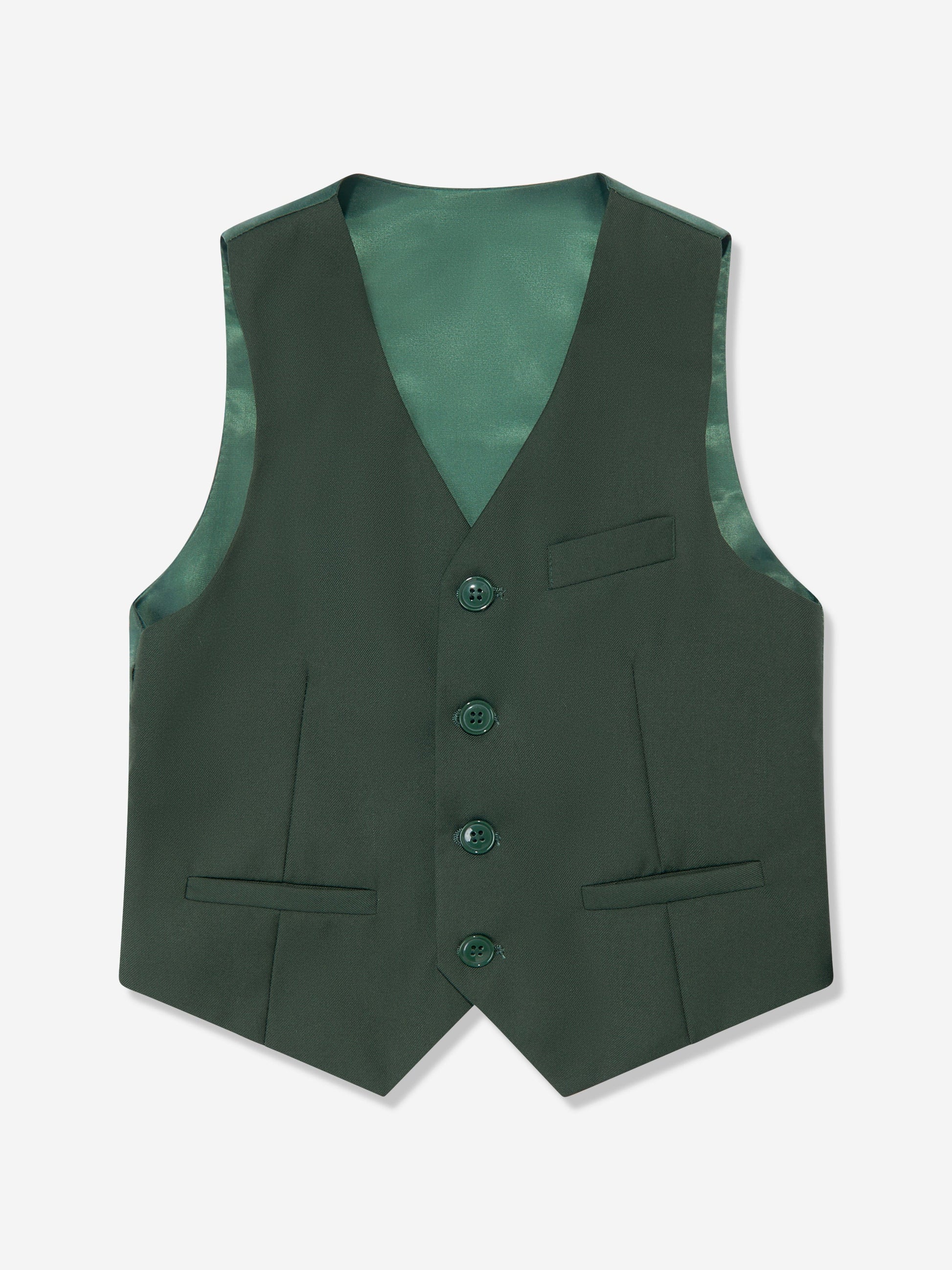 Green boys waistcoat vest with three-button front and matching pocket flaps