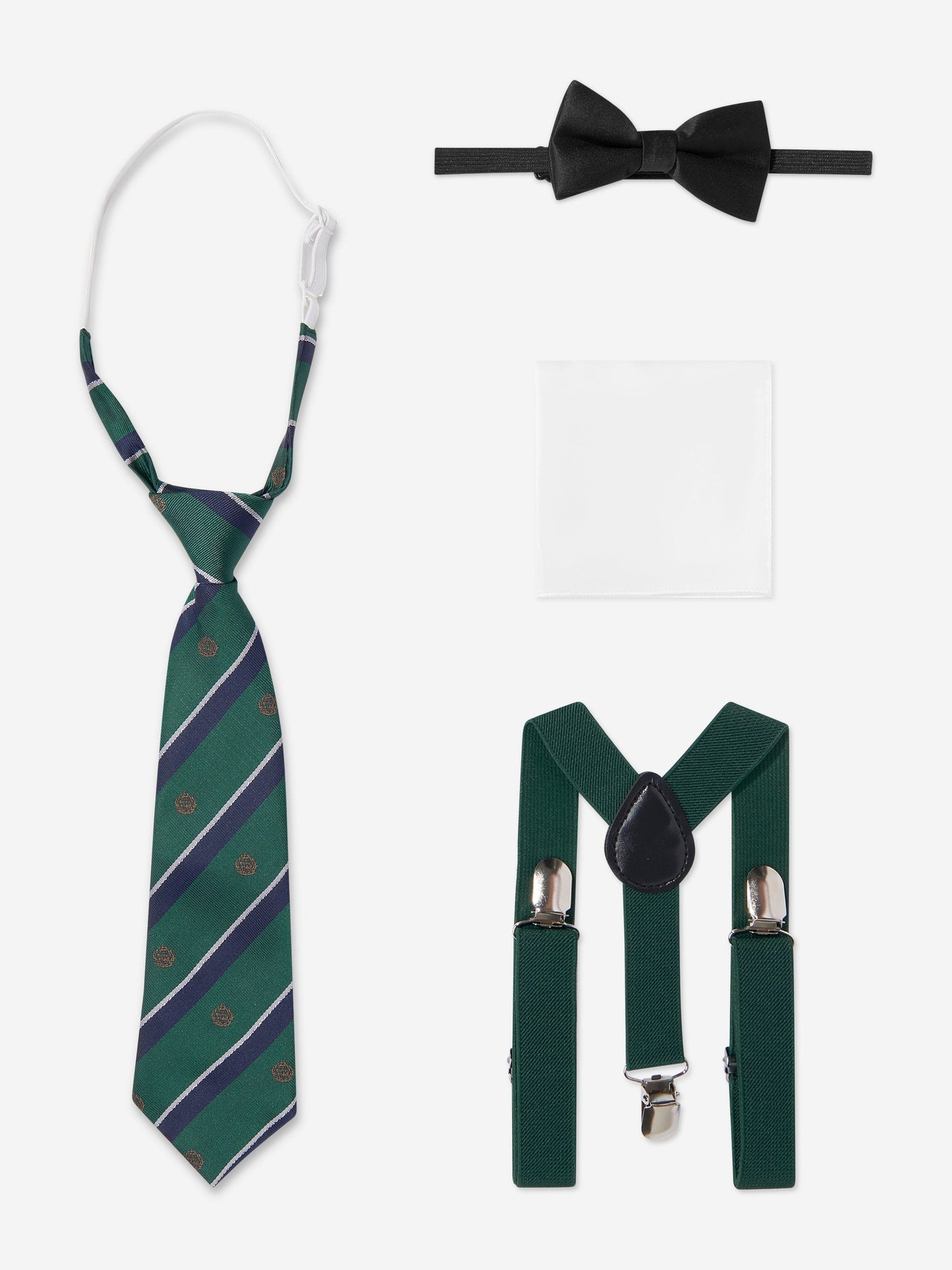 Green suit accessories: striped necktie, black bow tie, braces, pocket square