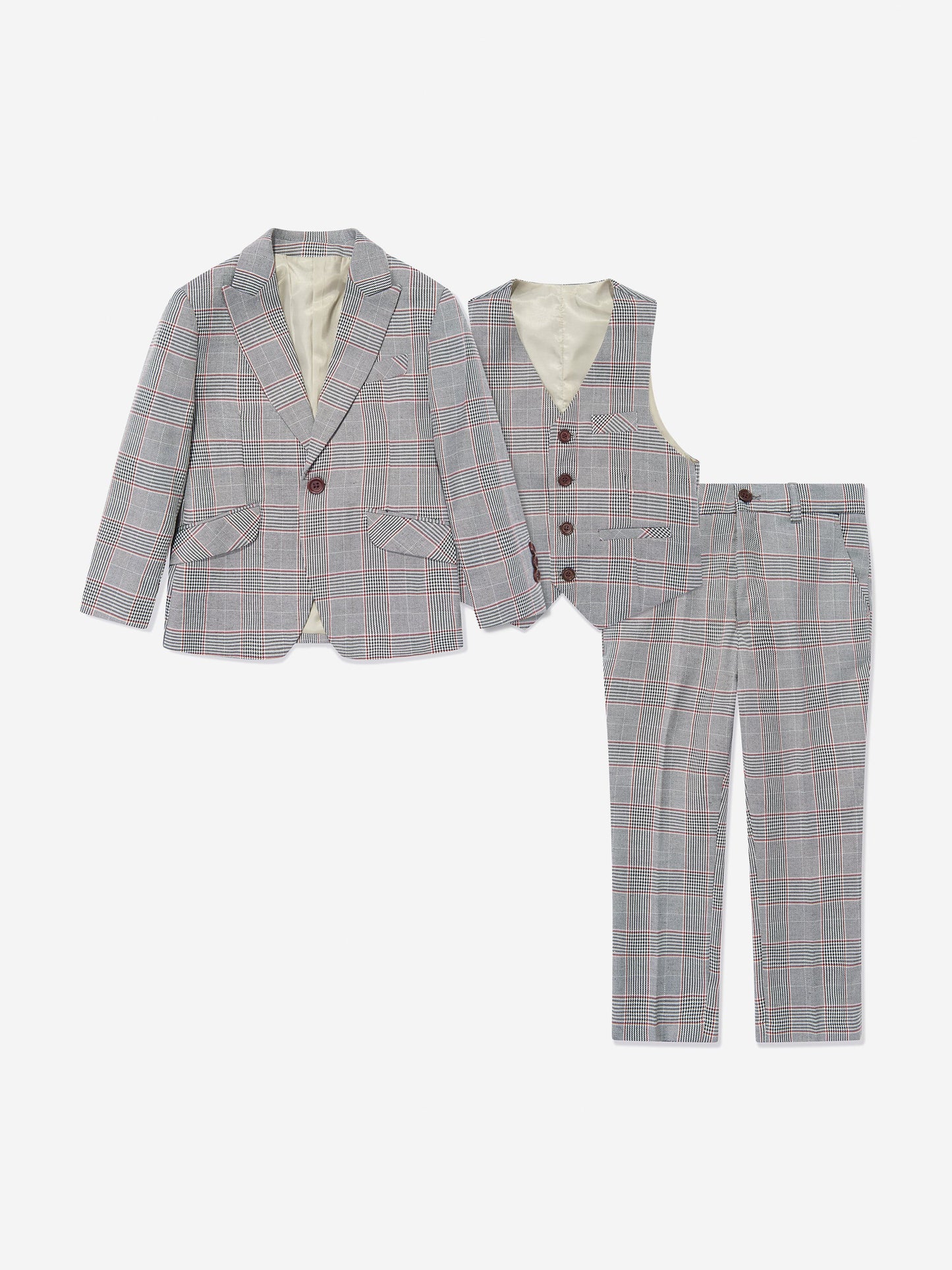Boys grey checked 3-piece suit set: blazer, matching waistcoat and trousers.