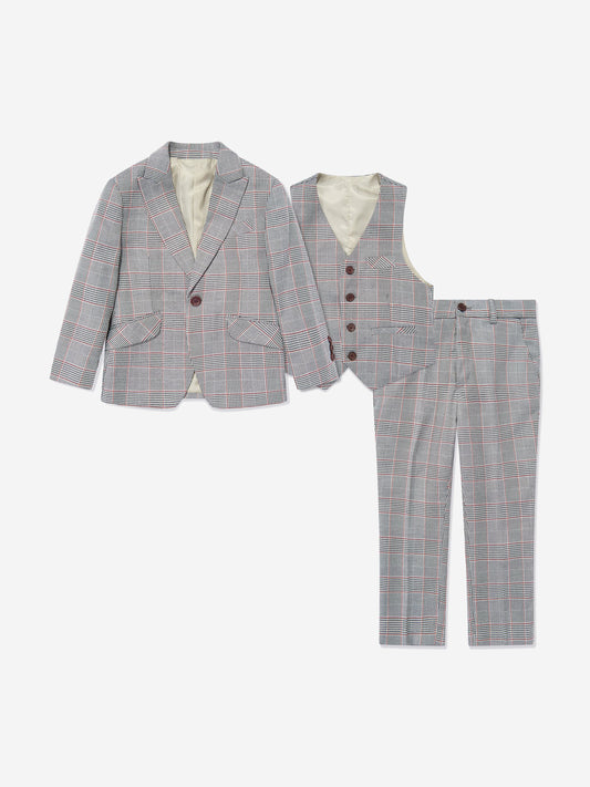 Boys grey checked 3-piece suit set: blazer, matching waistcoat and trousers.