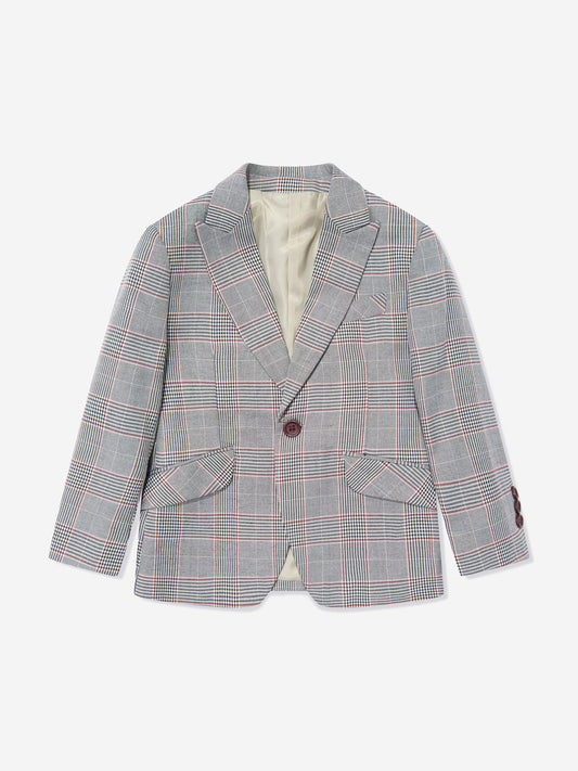 Grey checked boys blazer with notch lapels, two patch pockets and button front.