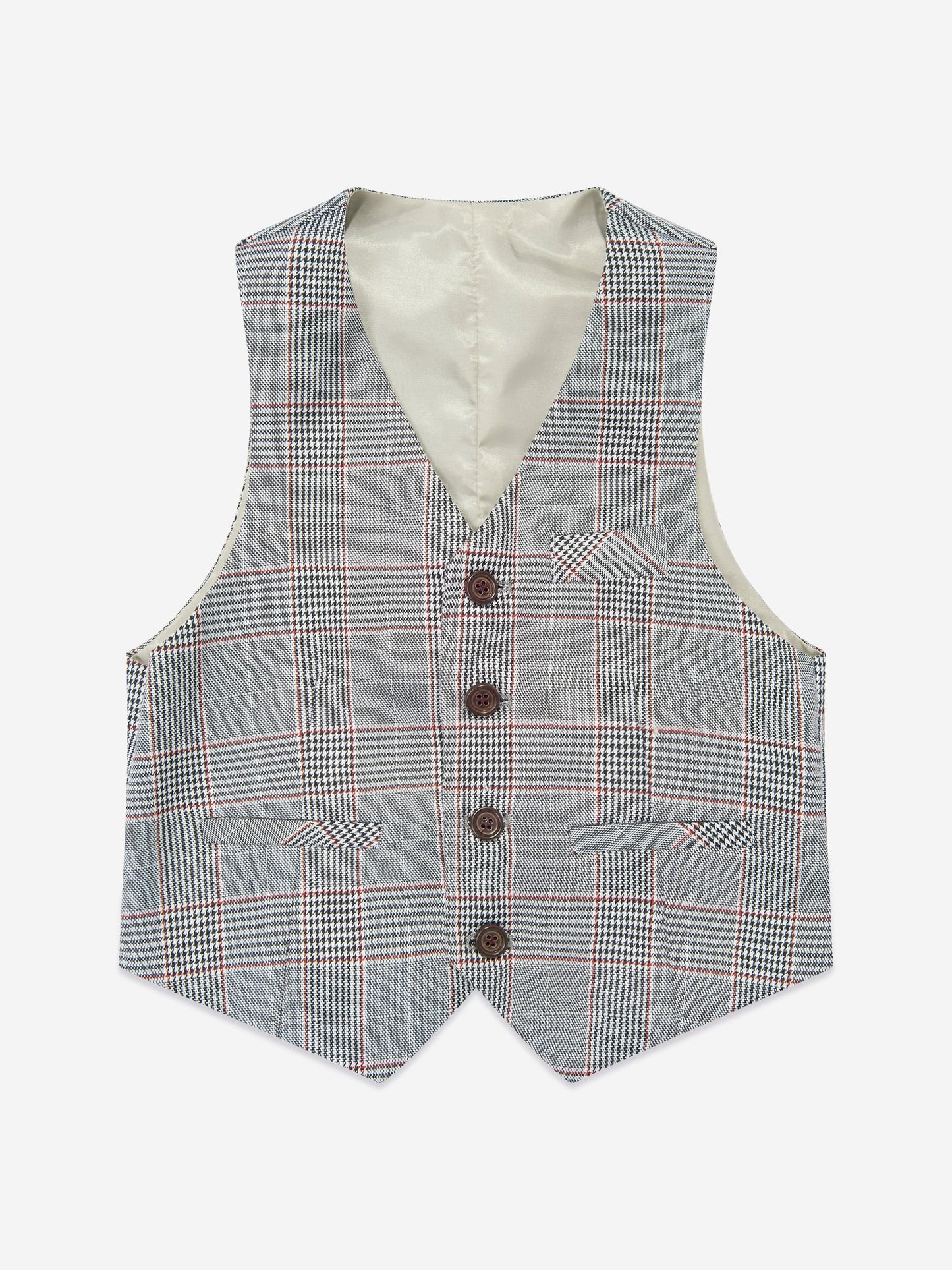 Grey checked boys waistcoat with V neckline, four-button front and welt pockets.
