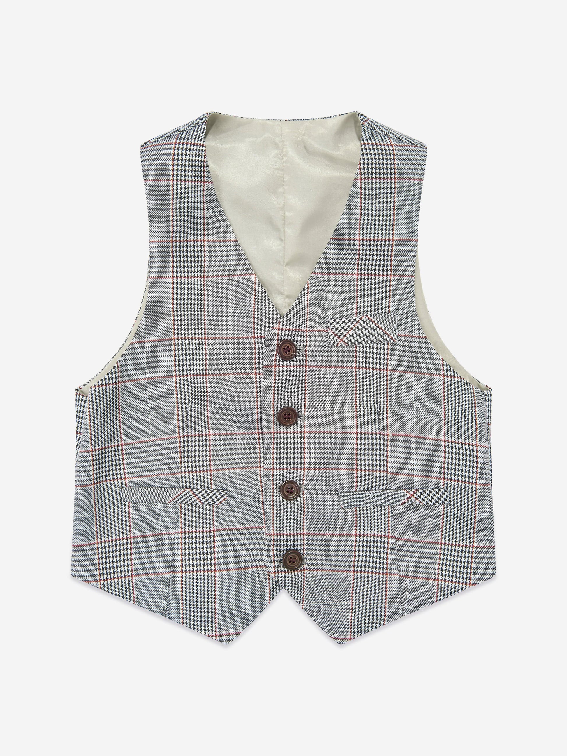 Grey checked boys waistcoat with V neckline, four-button front and welt pockets.