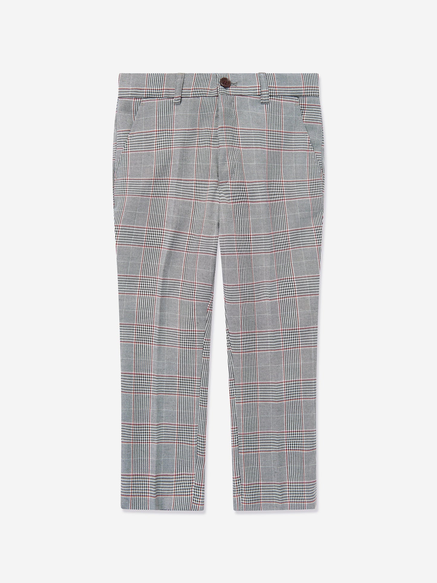 Grey checked boys suit trousers with belt loops and buttoned waistband.