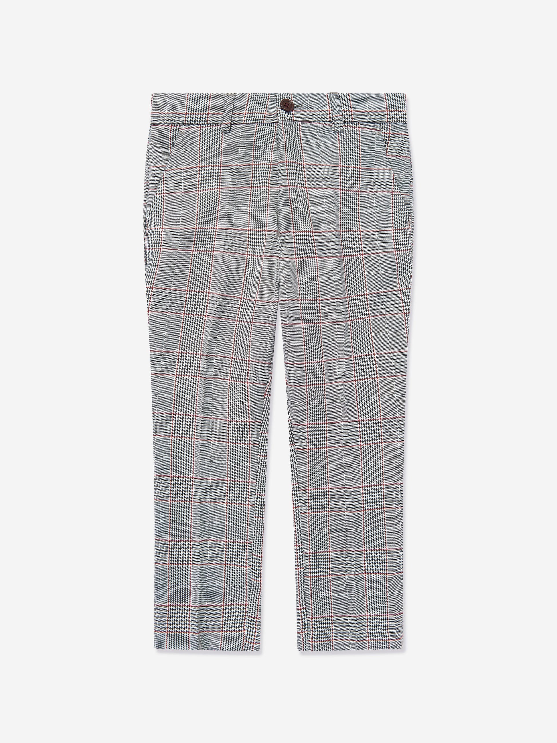 Grey checked boys suit trousers with belt loops and buttoned waistband.