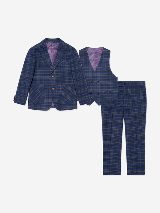 Boys navy checked 3-piece suit set: blazer, waistcoat and trousers